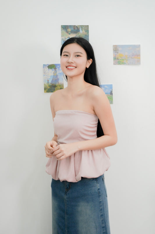 Arden Bubble Hem Ruched Tube Top (Dusty Pink)