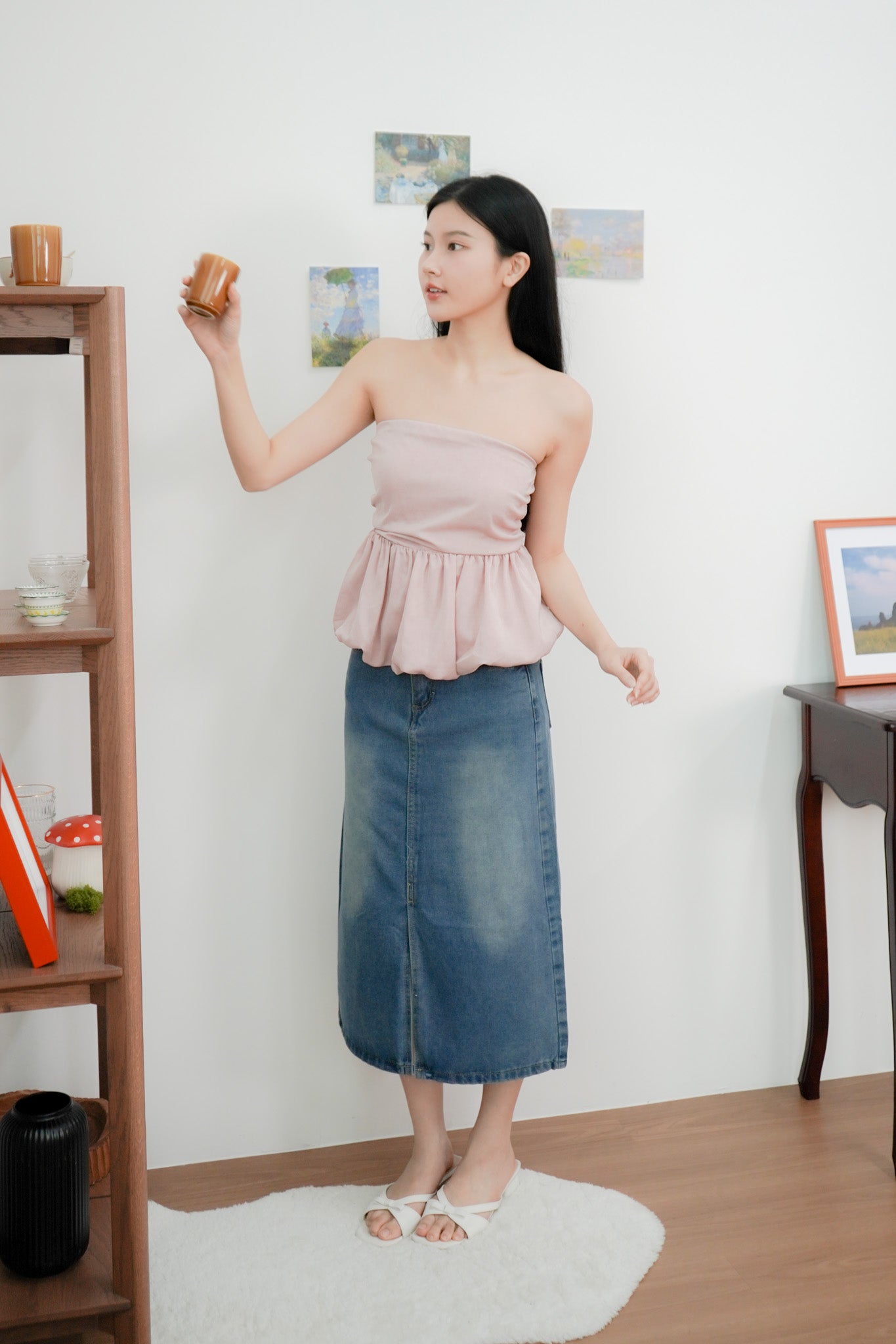 Arden Bubble Hem Ruched Tube Top (Dusty Pink)