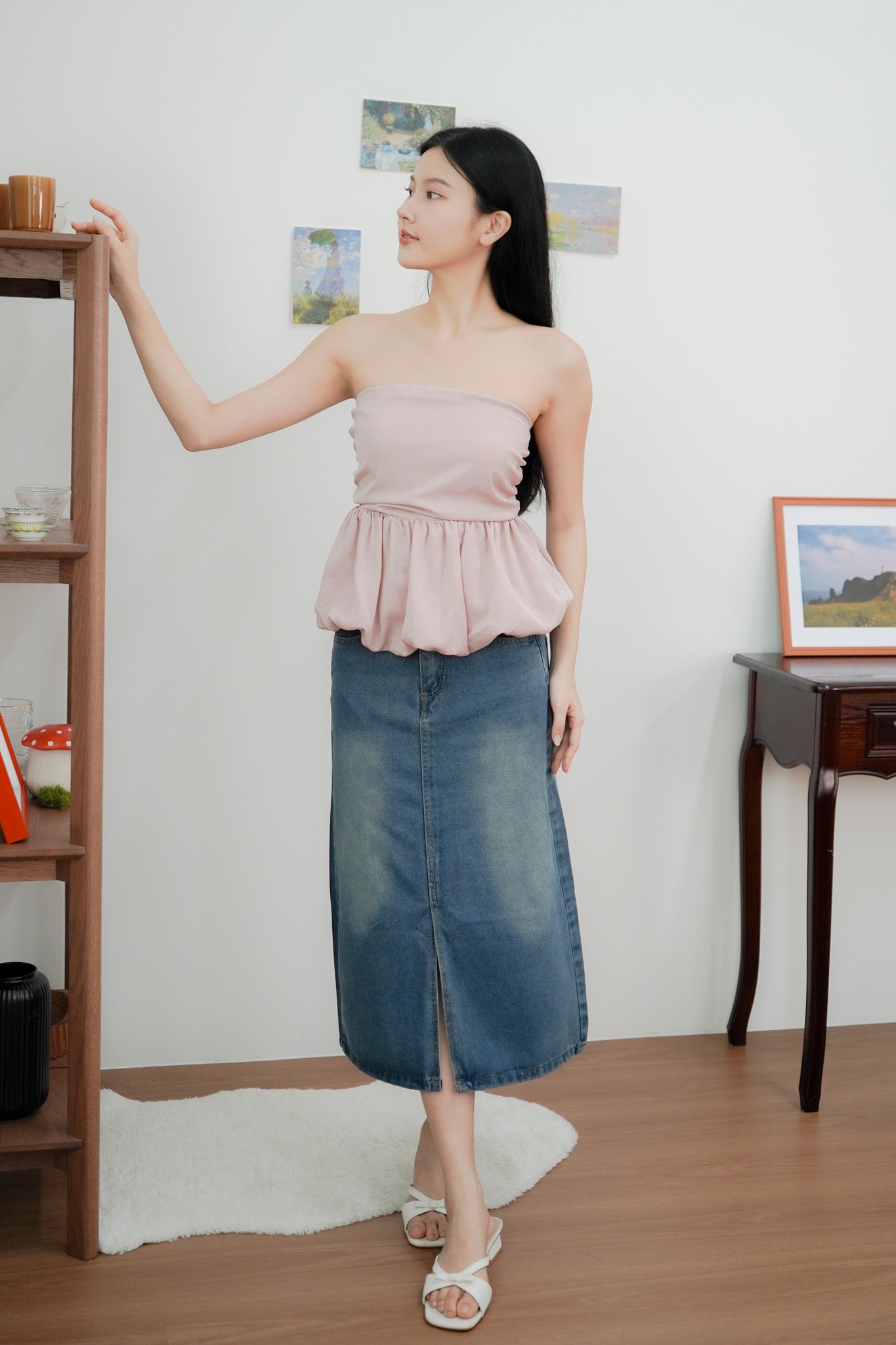 Arden Bubble Hem Ruched Tube Top (Dusty Pink)