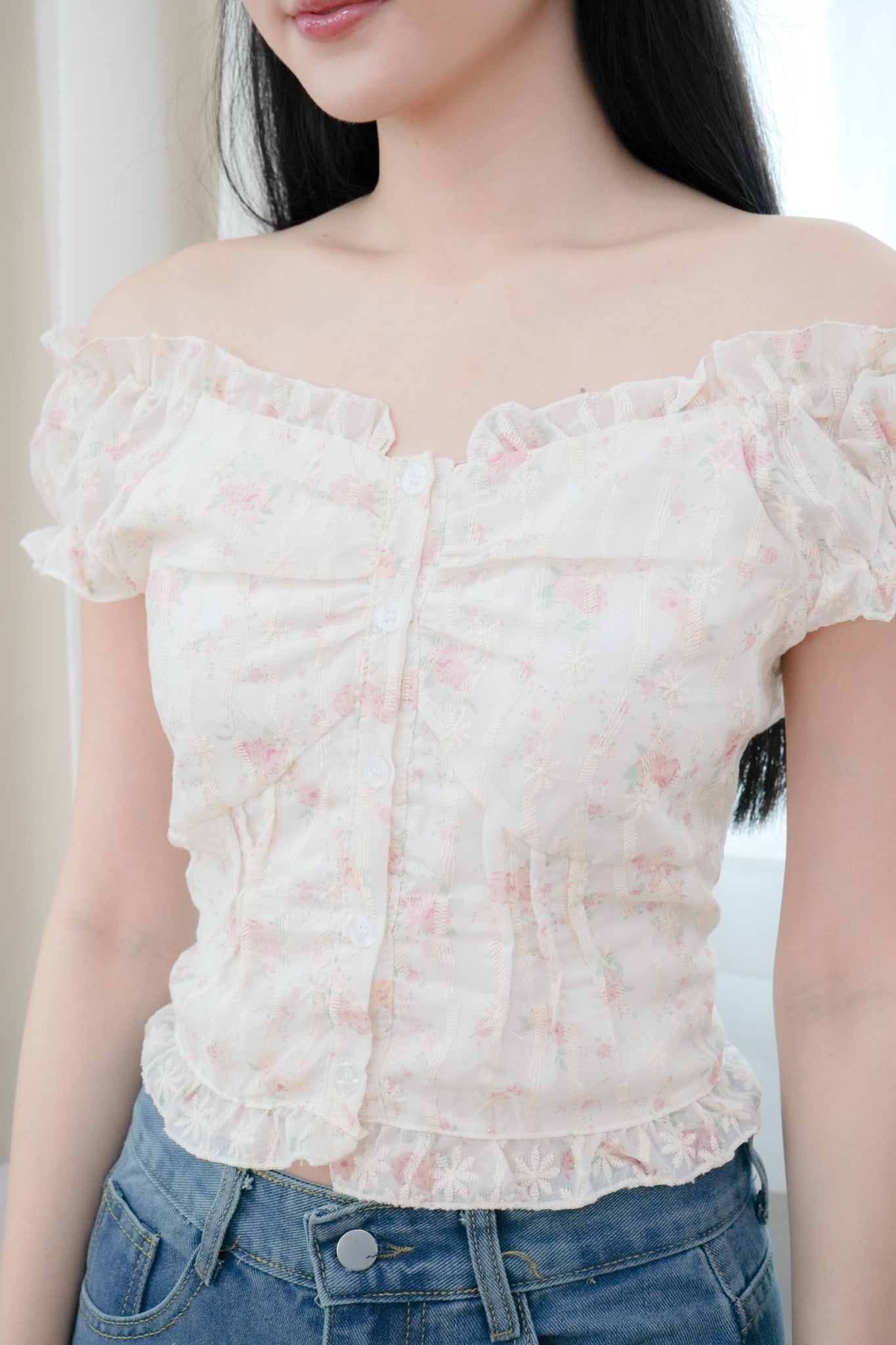 Stella soft pink floral off-shoulder top (cream)