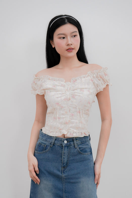 Stella soft pink floral off-shoulder top (cream)