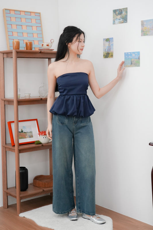 Arden Bubble Hem Ruched Tube Top (Navy)