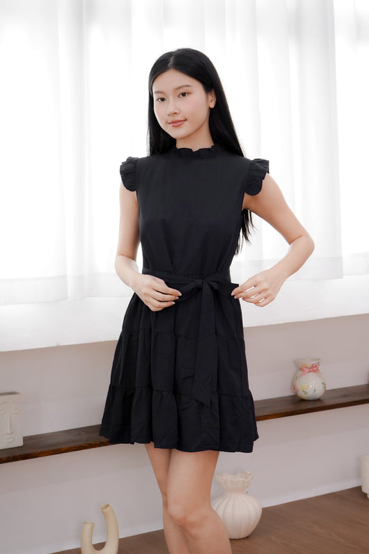 Sofia Flutter Ruffles Tiered Dress (Navy/ Black)