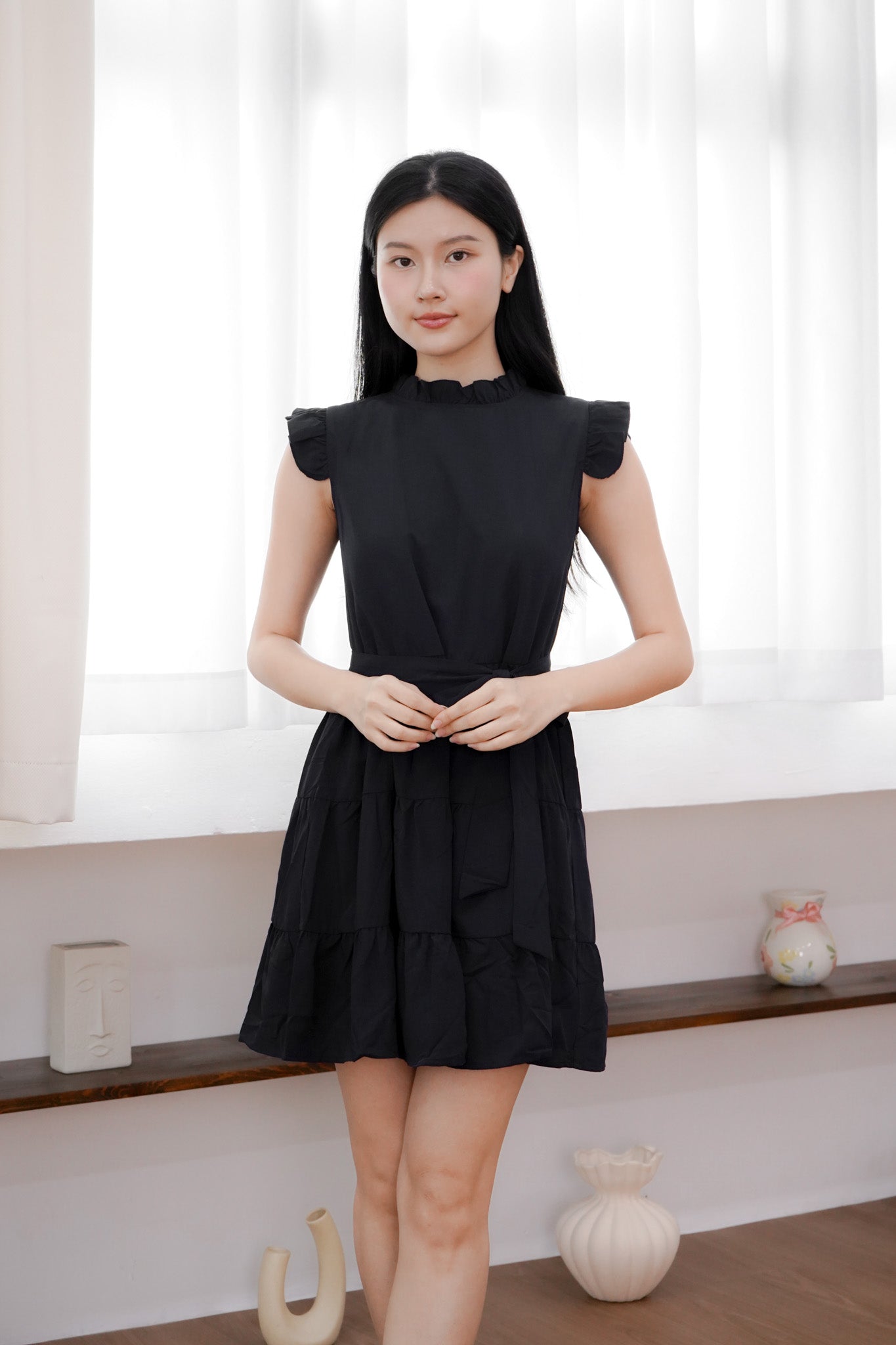 Sofia Flutter Ruffles Tiered Dress (Navy/ Black)