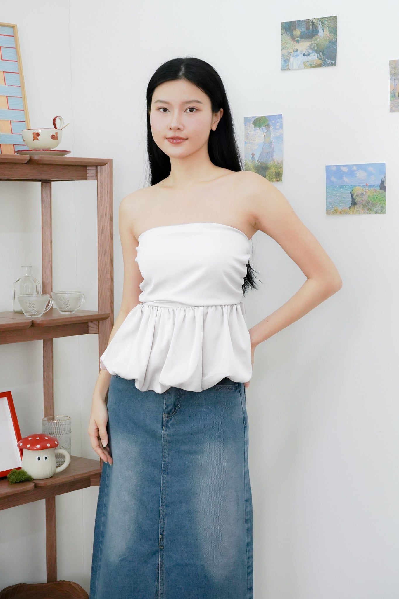 Arden Bubble Hem Ruched Tube Top (White)