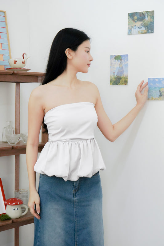 Arden Bubble Hem Ruched Tube Top (White)