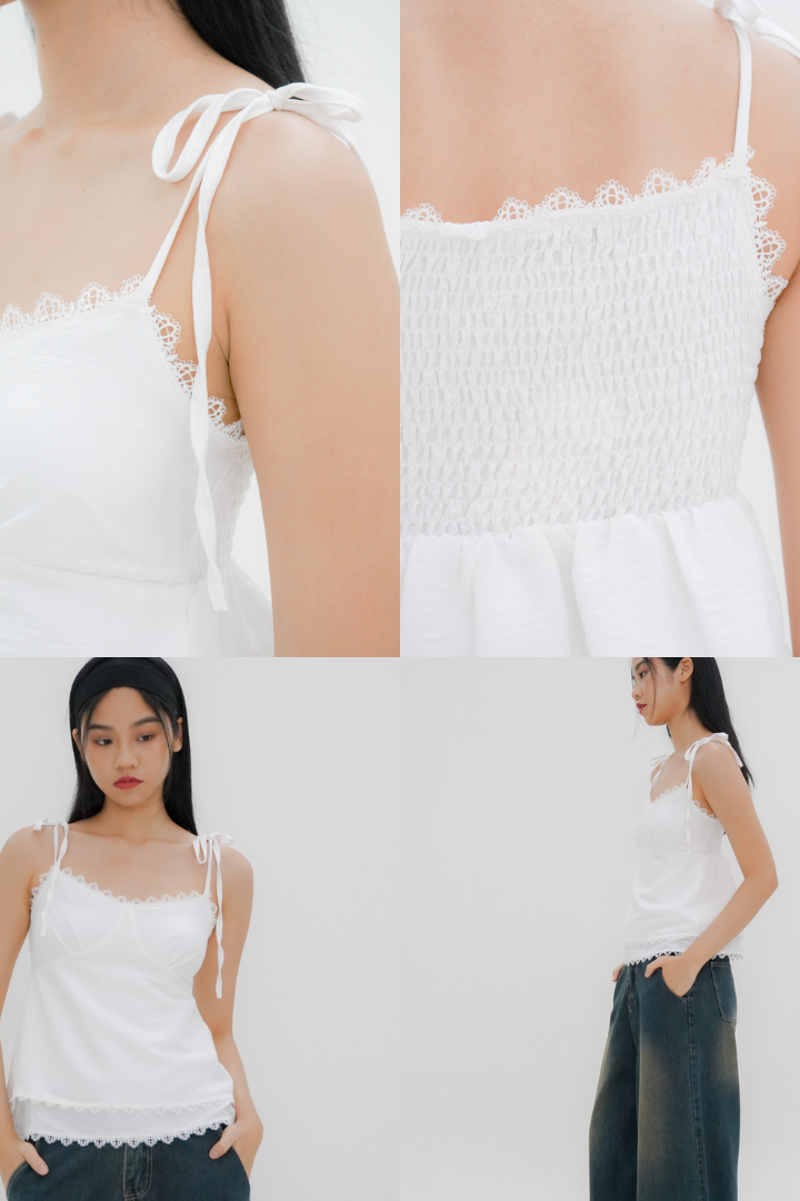 Lily Tie Shoulder Tiered Top (White)