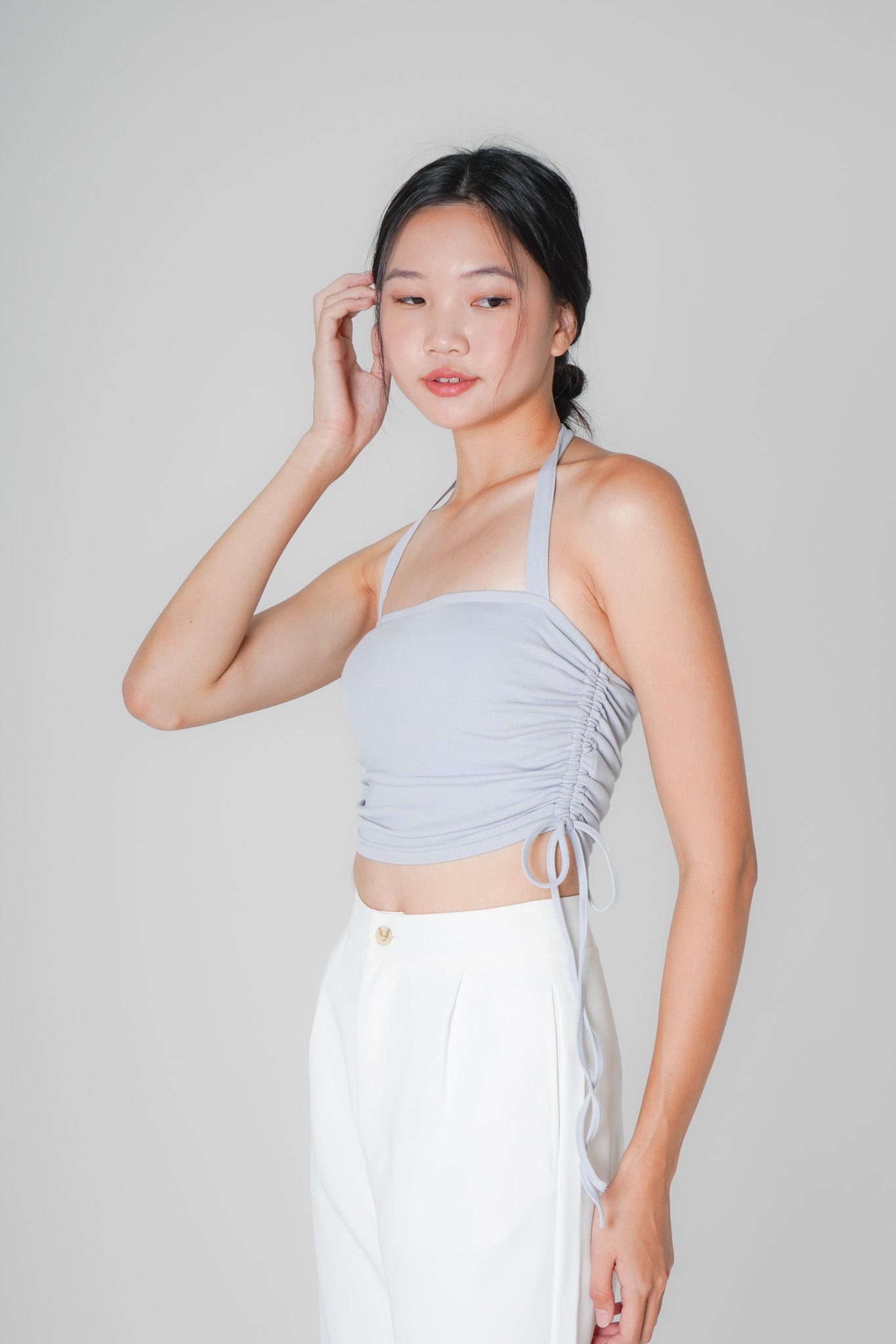 Poppy Padded Halterneck Top with Side Ruching (Greyish-Blue)