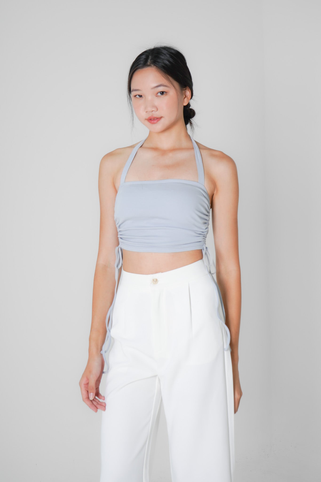 Poppy Padded Halterneck Top with Side Ruching (Greyish-Blue)