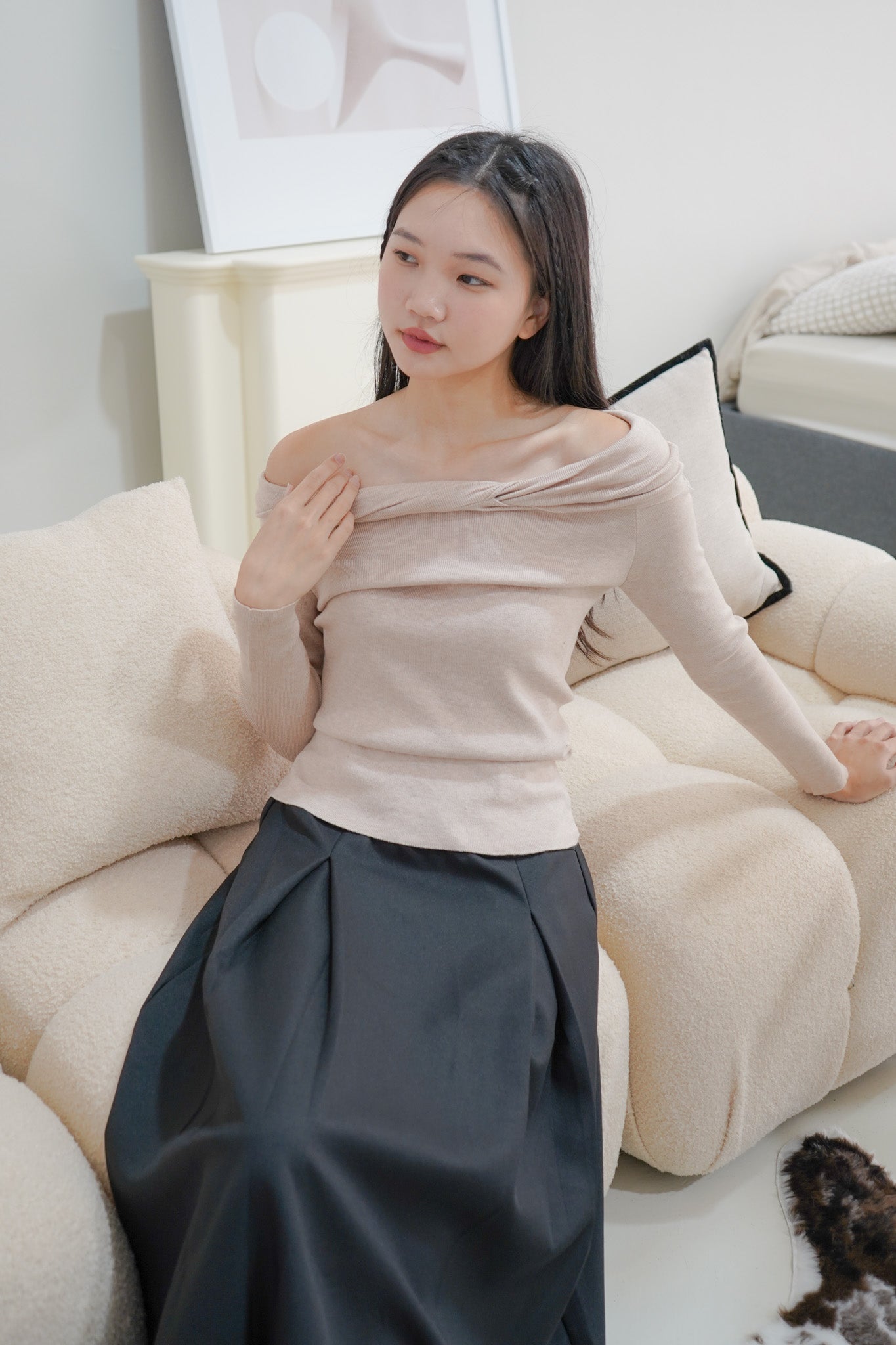 Austen Off Shoulder Knitted Top (Khaki)