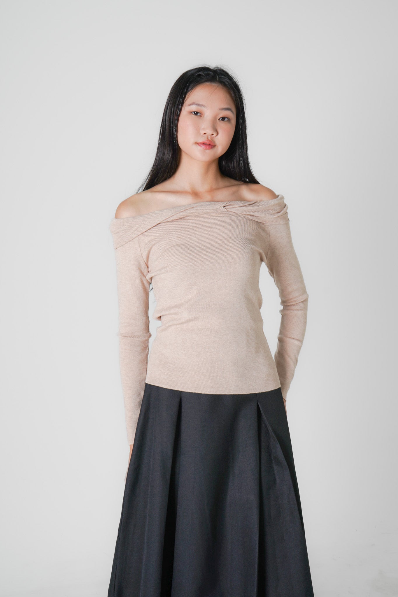 Austen Off Shoulder Knitted Top (Khaki)