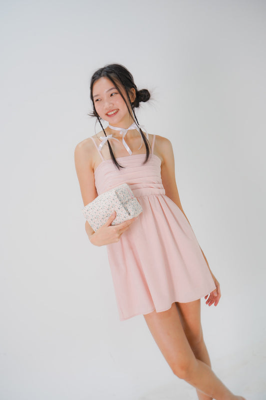 Carmen Pleated Mini Dress (Baby Pink)