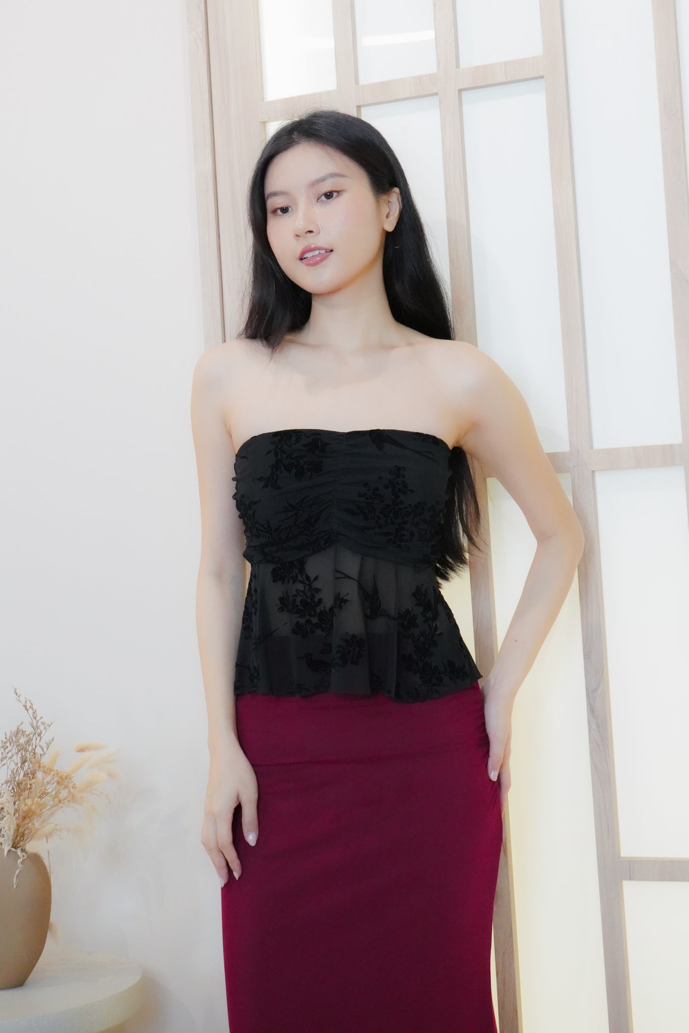 Jia Mesh Floral Top (with removable straps) (Black)