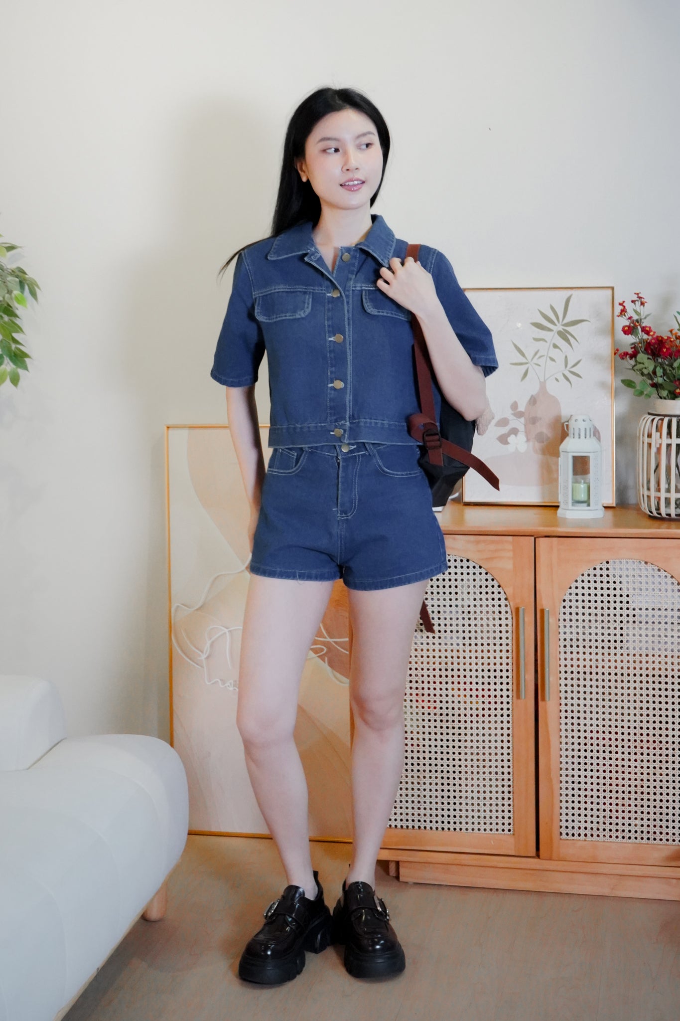Nora Dark denim button crop top with high-waisted denim shorts