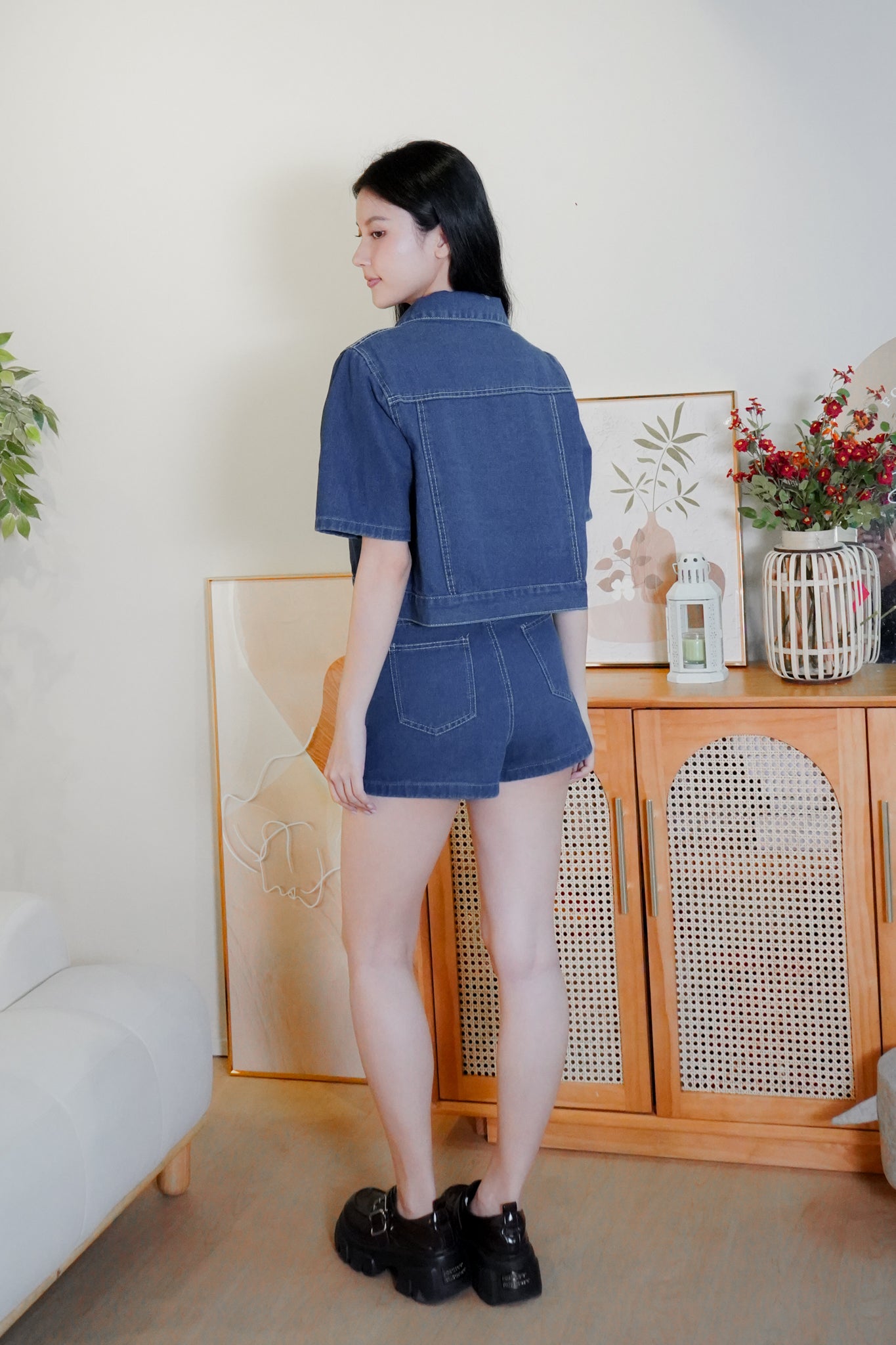 Nora Dark denim button crop top with high-waisted denim shorts