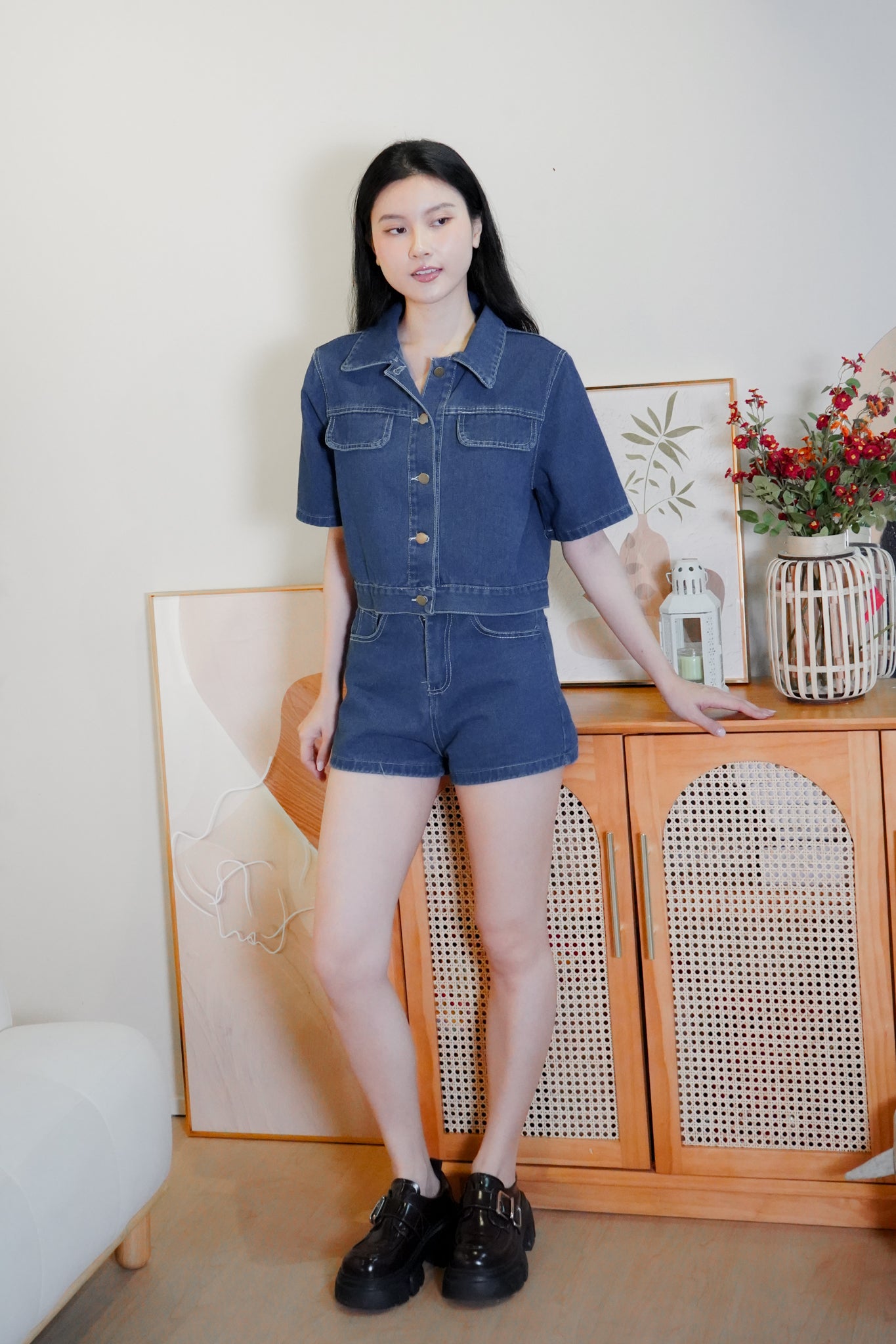 Nora Dark denim button crop top with high-waisted denim shorts