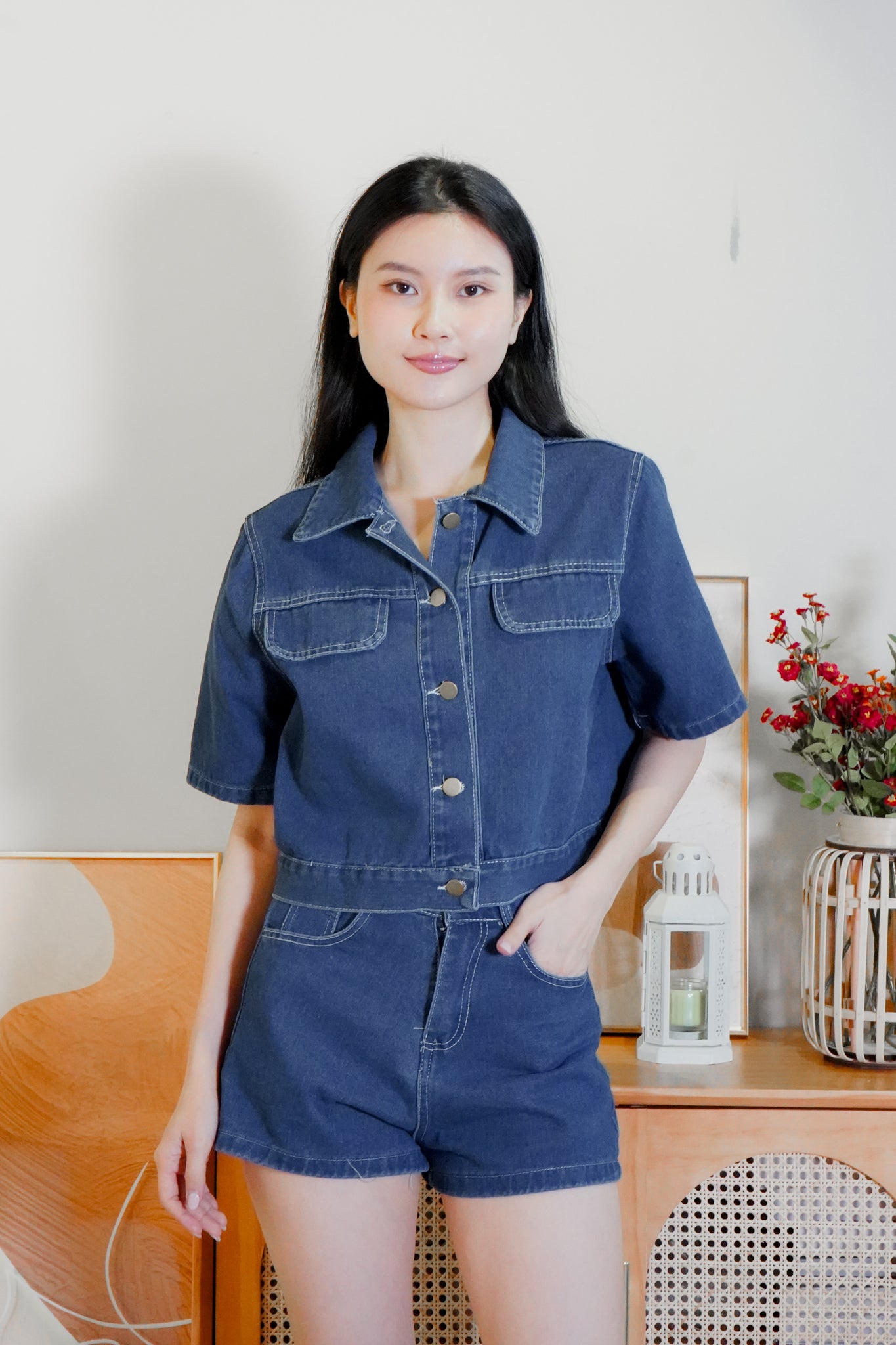 Nora Dark denim button crop top with high-waisted denim shorts