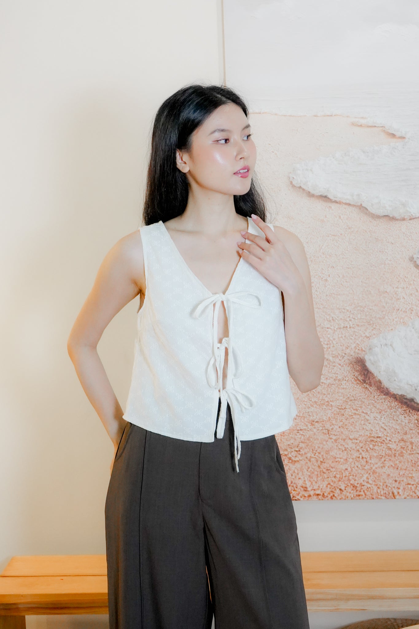 Mandy Sleeveless Tie Front Top (White Eyelet)