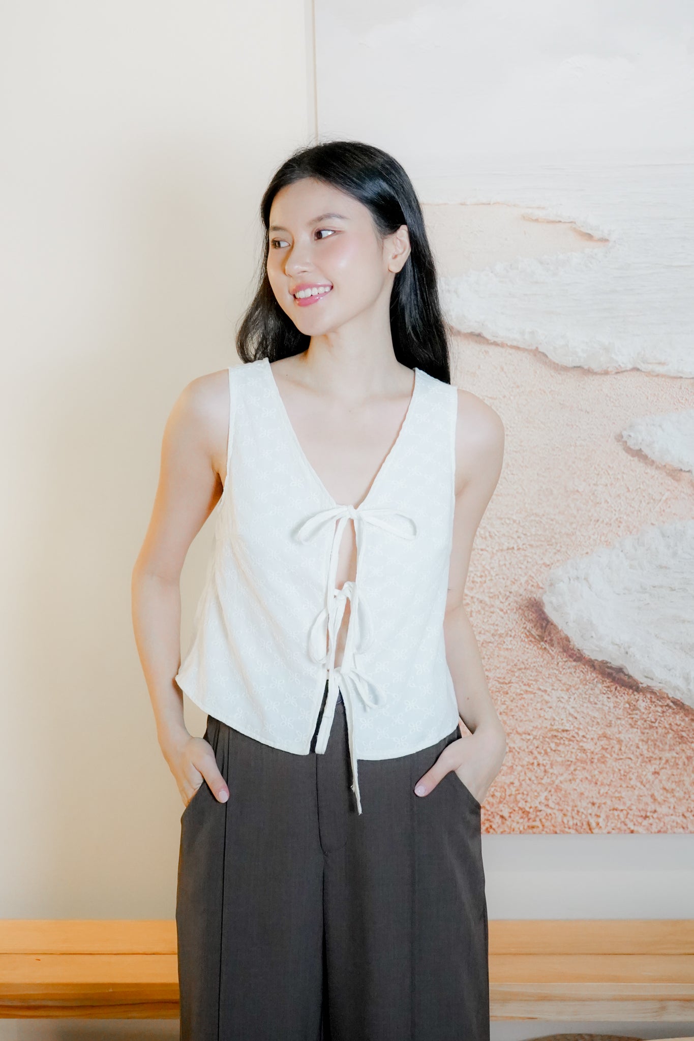 Mandy Sleeveless Tie Front Top (White Eyelet)