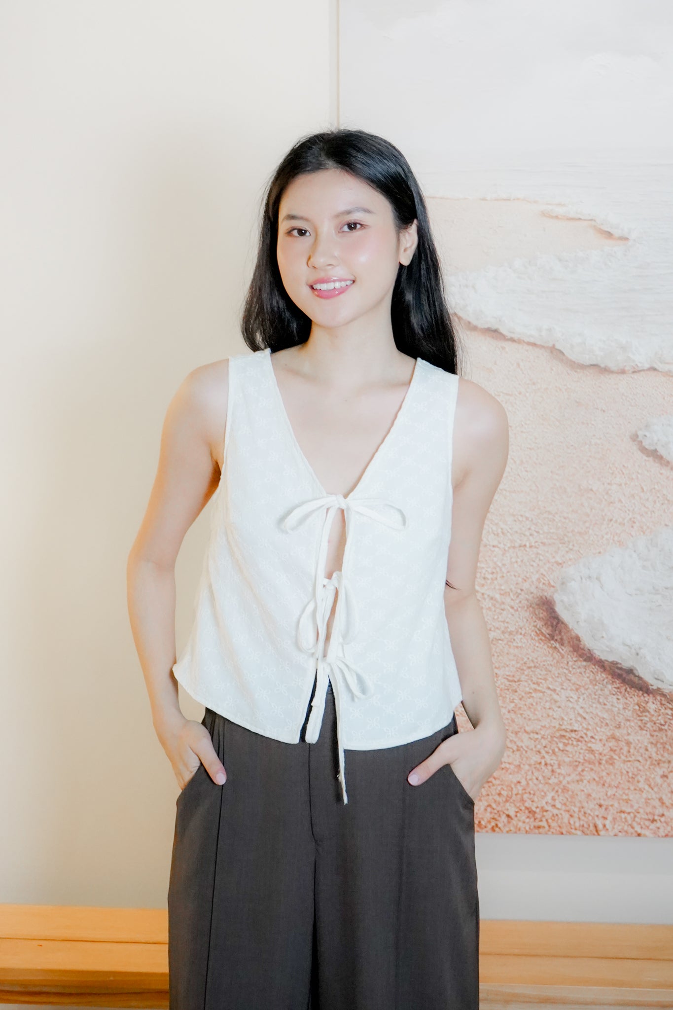 Mandy Sleeveless Tie Front Top (White Eyelet)