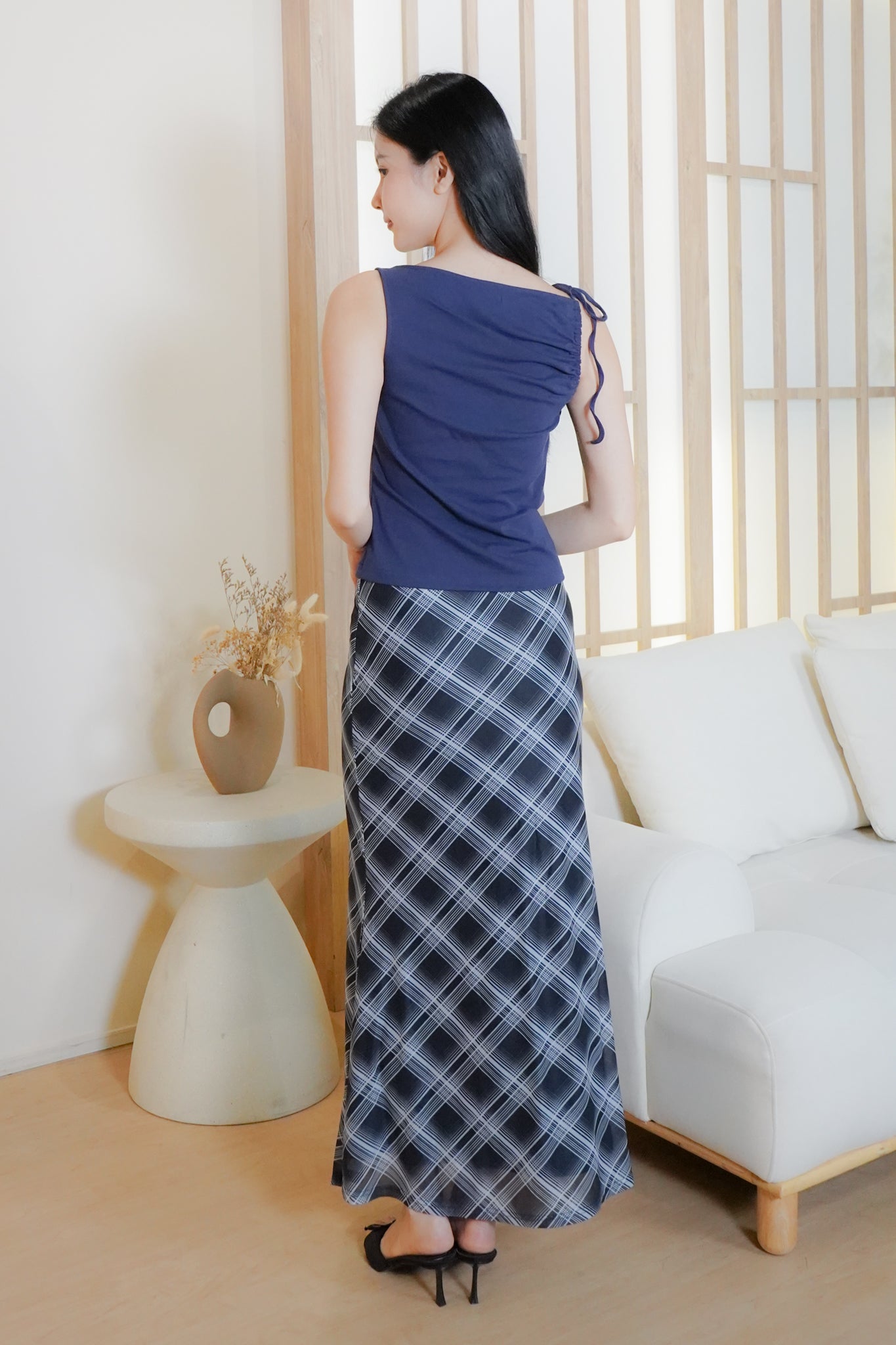 Jemma Asymmetrical draped top with strap (one side) (Navy)