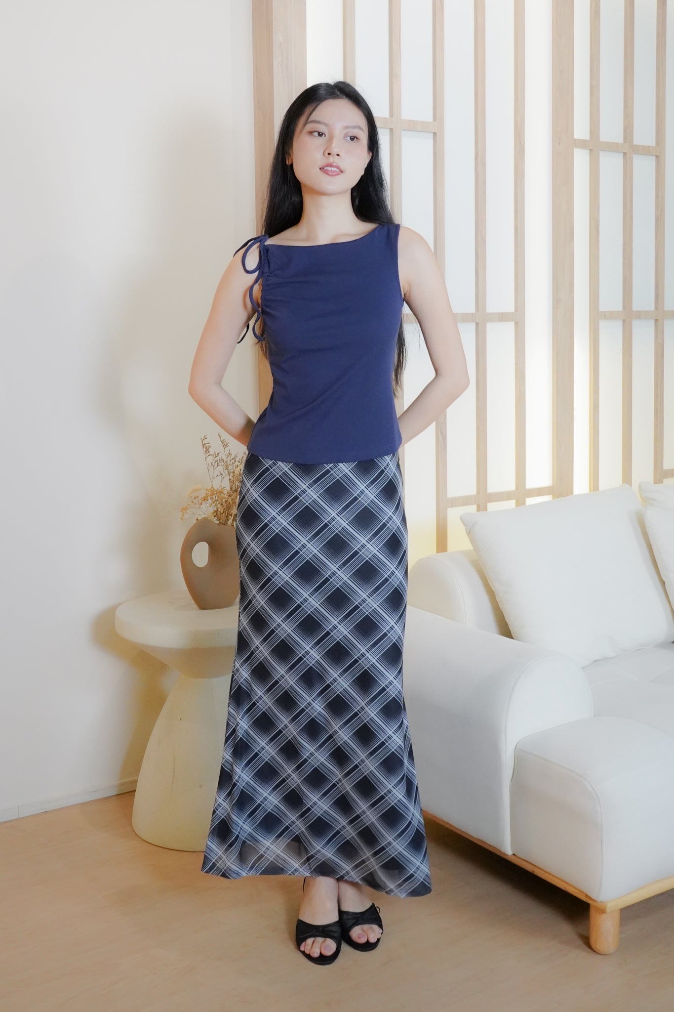 Jemma Asymmetrical draped top with strap (one side) (Navy)