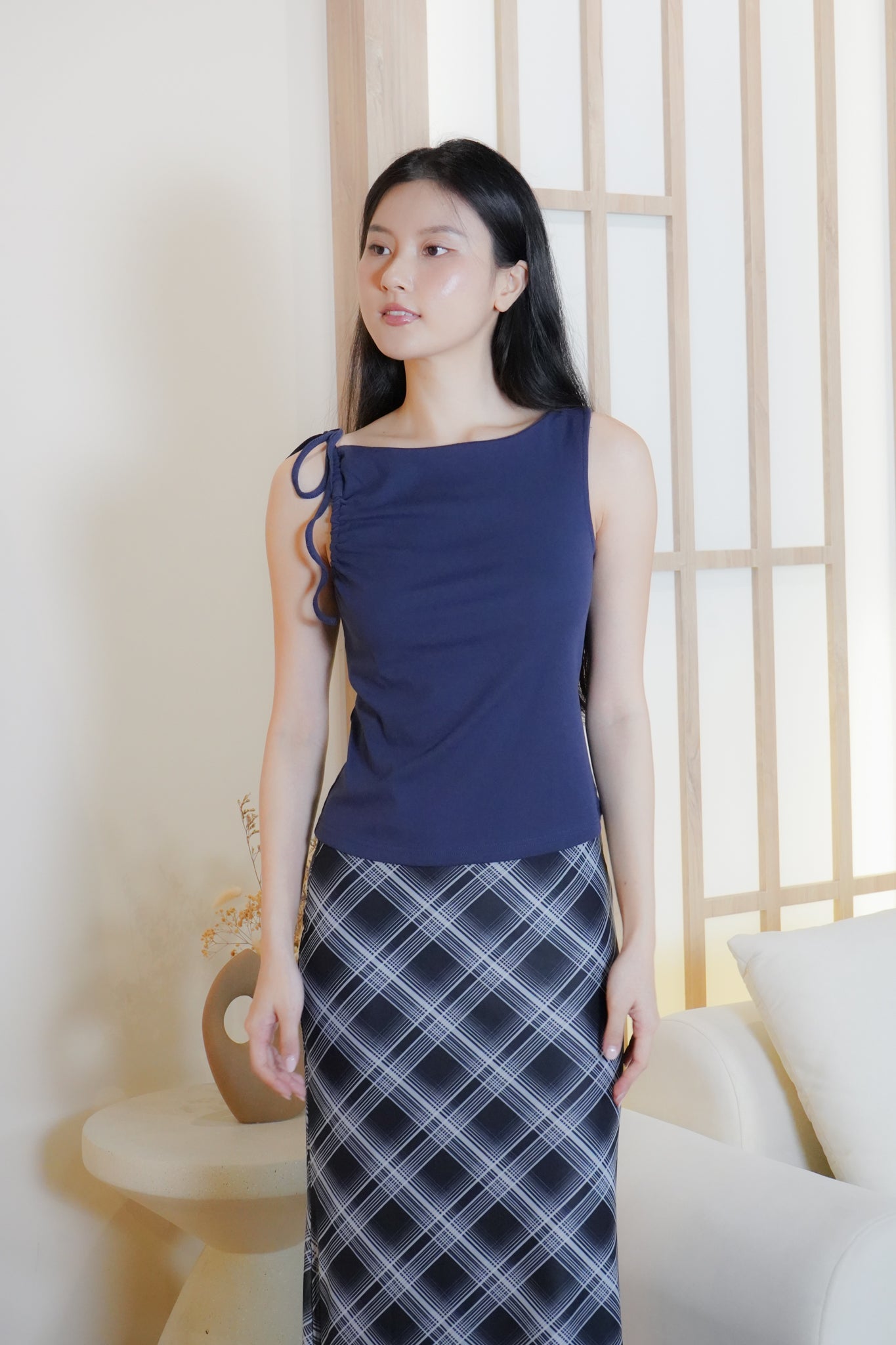 Jemma Asymmetrical draped top with strap (one side) (Navy)