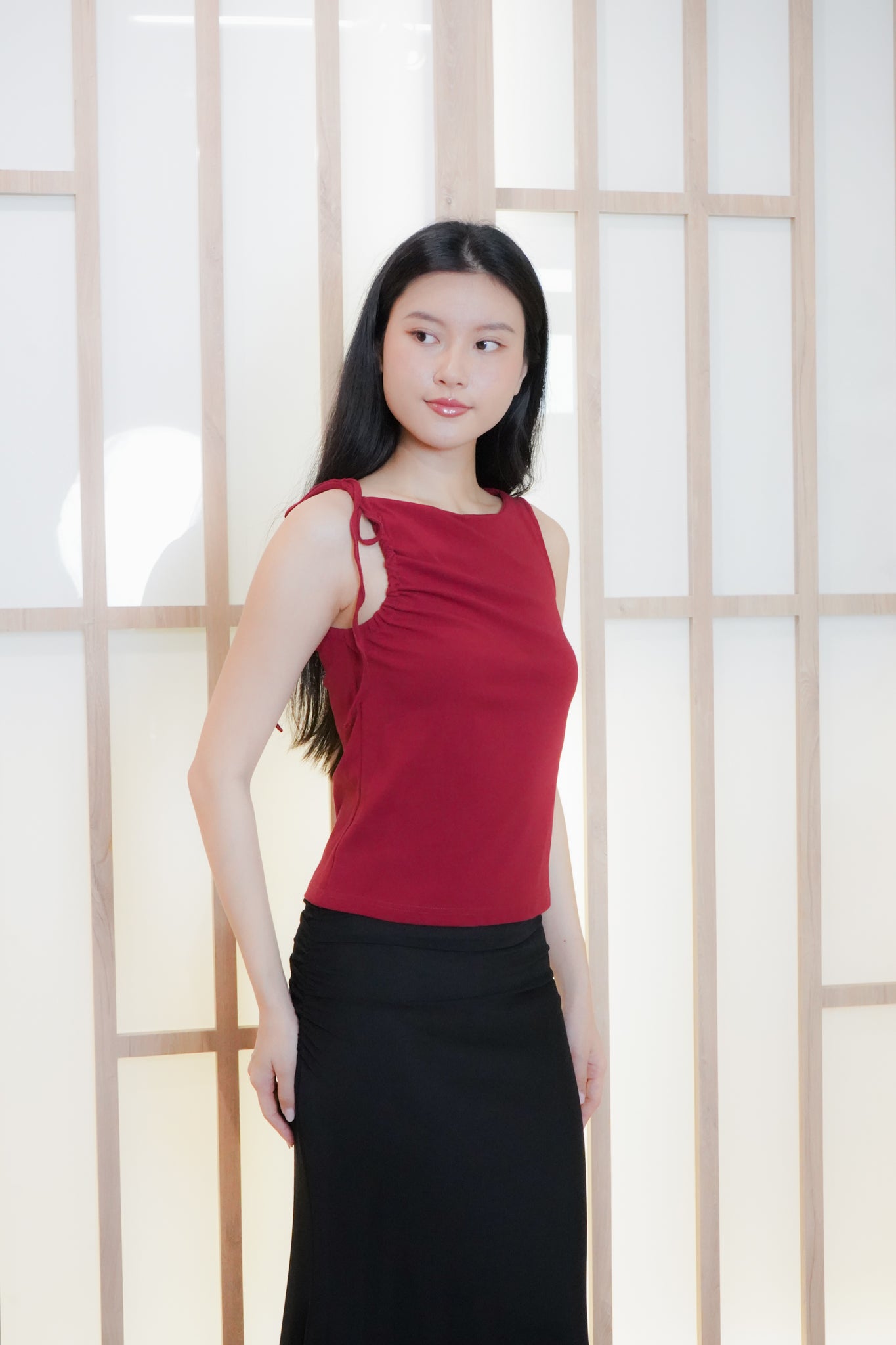 Jemma Asymmetrical draped top with strap (one side) (Red)