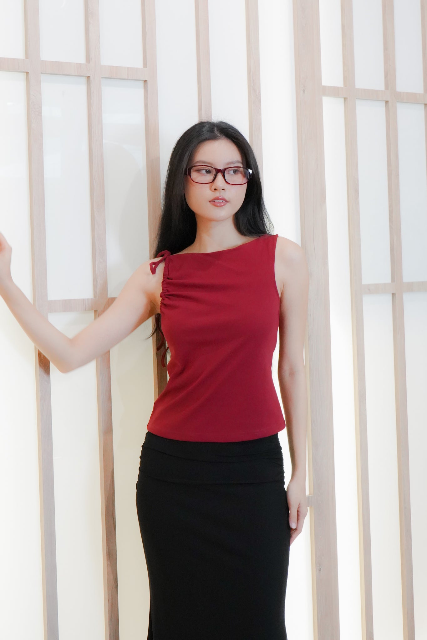 Jemma Asymmetrical draped top with strap (one side) (Red)