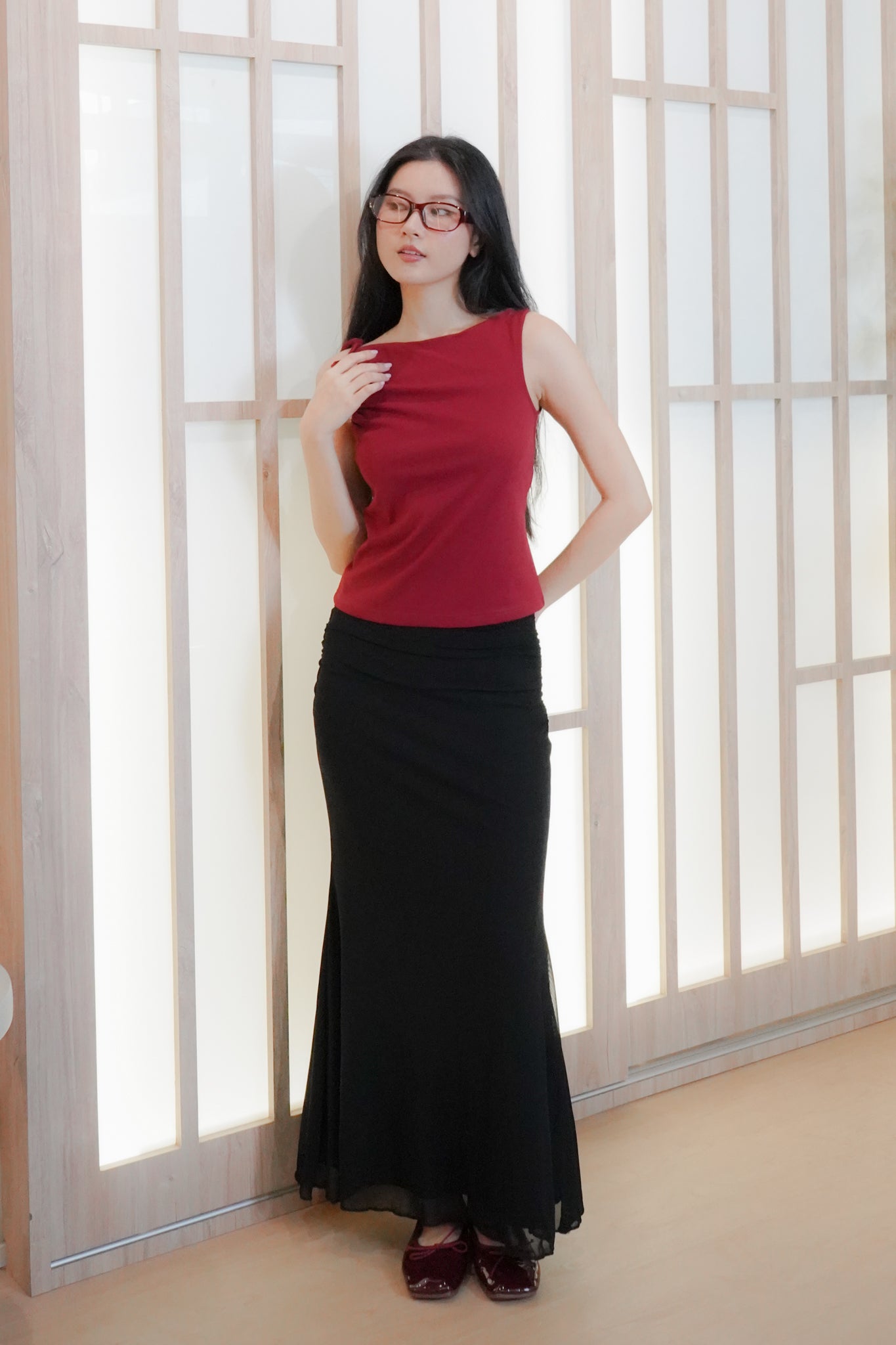 Jemma Asymmetrical draped top with strap (one side) (Red)