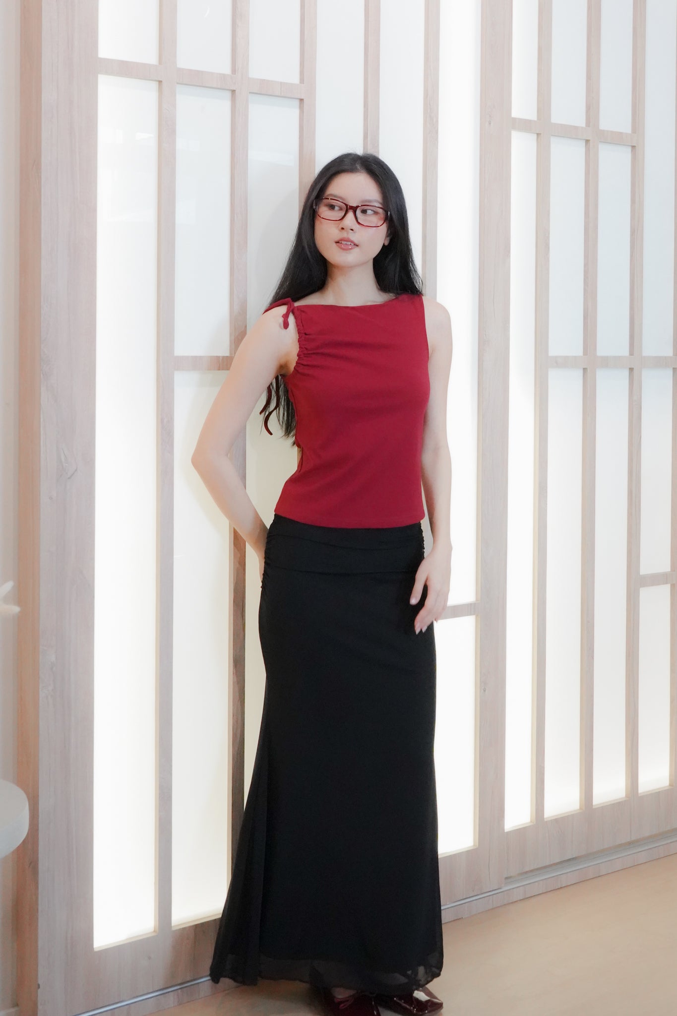 Jemma Asymmetrical draped top with strap (one side) (Red)