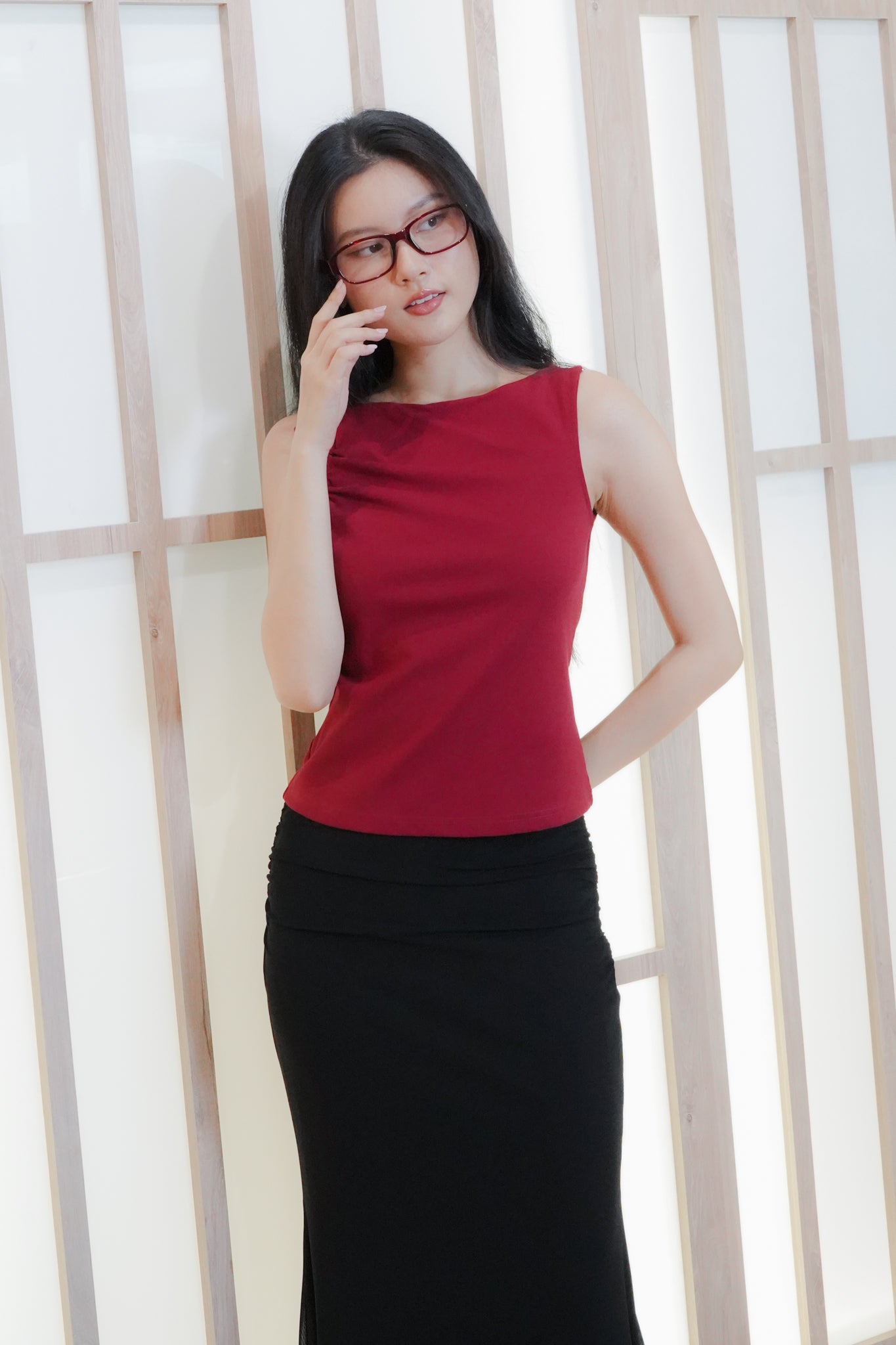 Jemma Asymmetrical draped top with strap (one side) (Red)