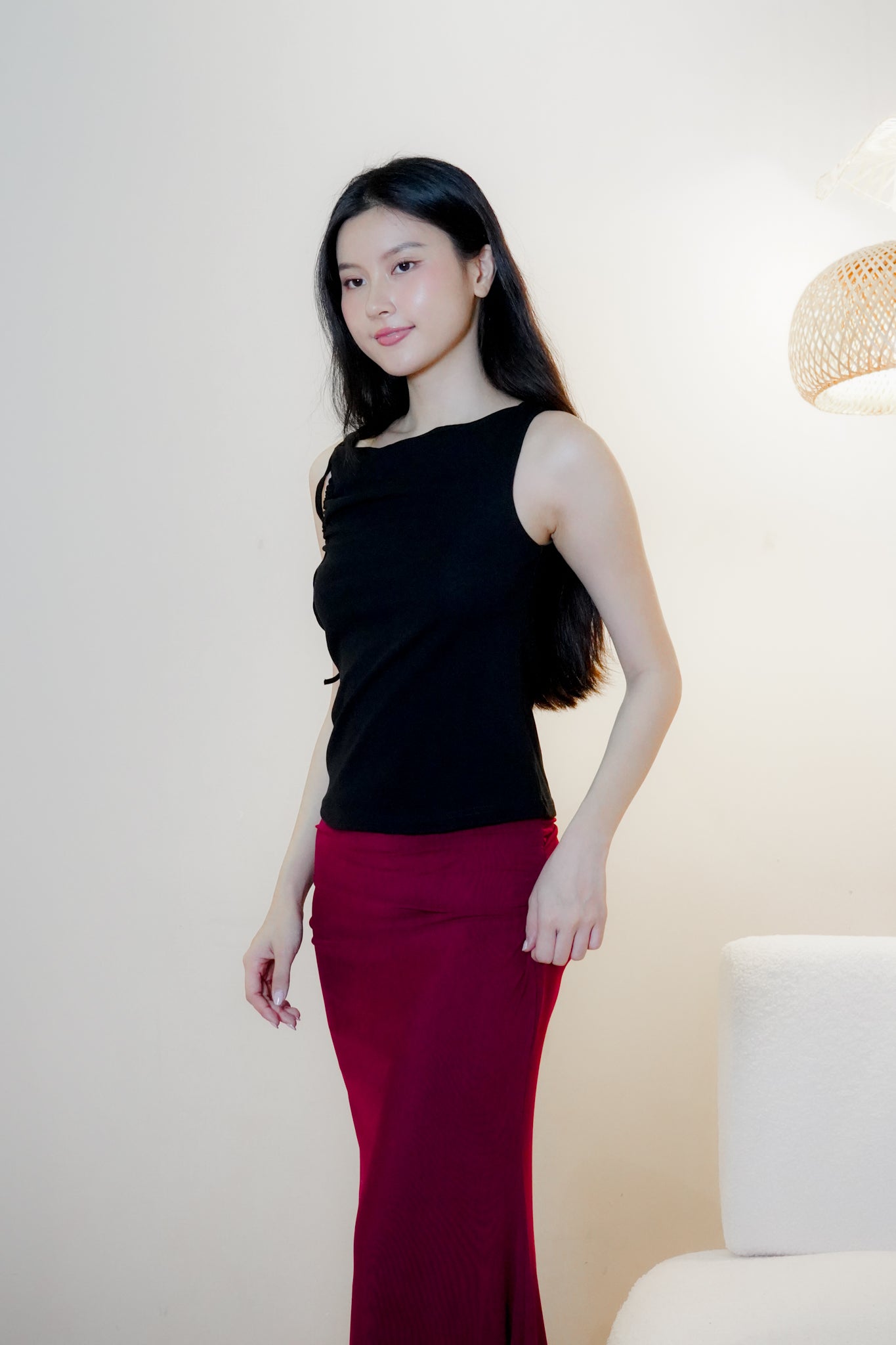 Jemma Asymmetrical draped top with strap (one side) (Black)