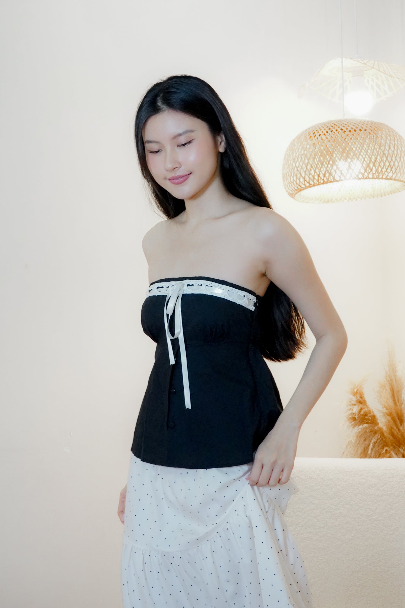 Naomi Lace Ribbon Tube Top (Black)