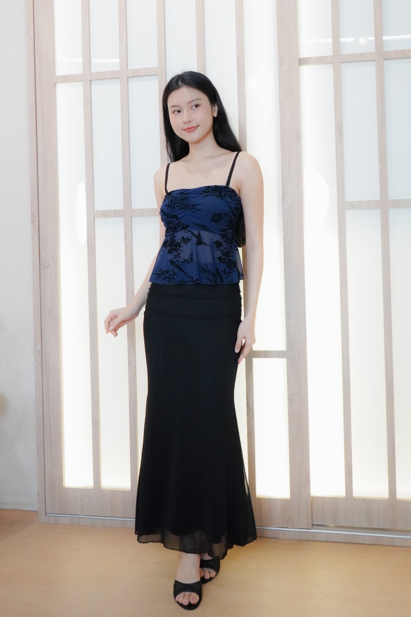 Jia Mesh Floral Top (with removable straps) (Navy)