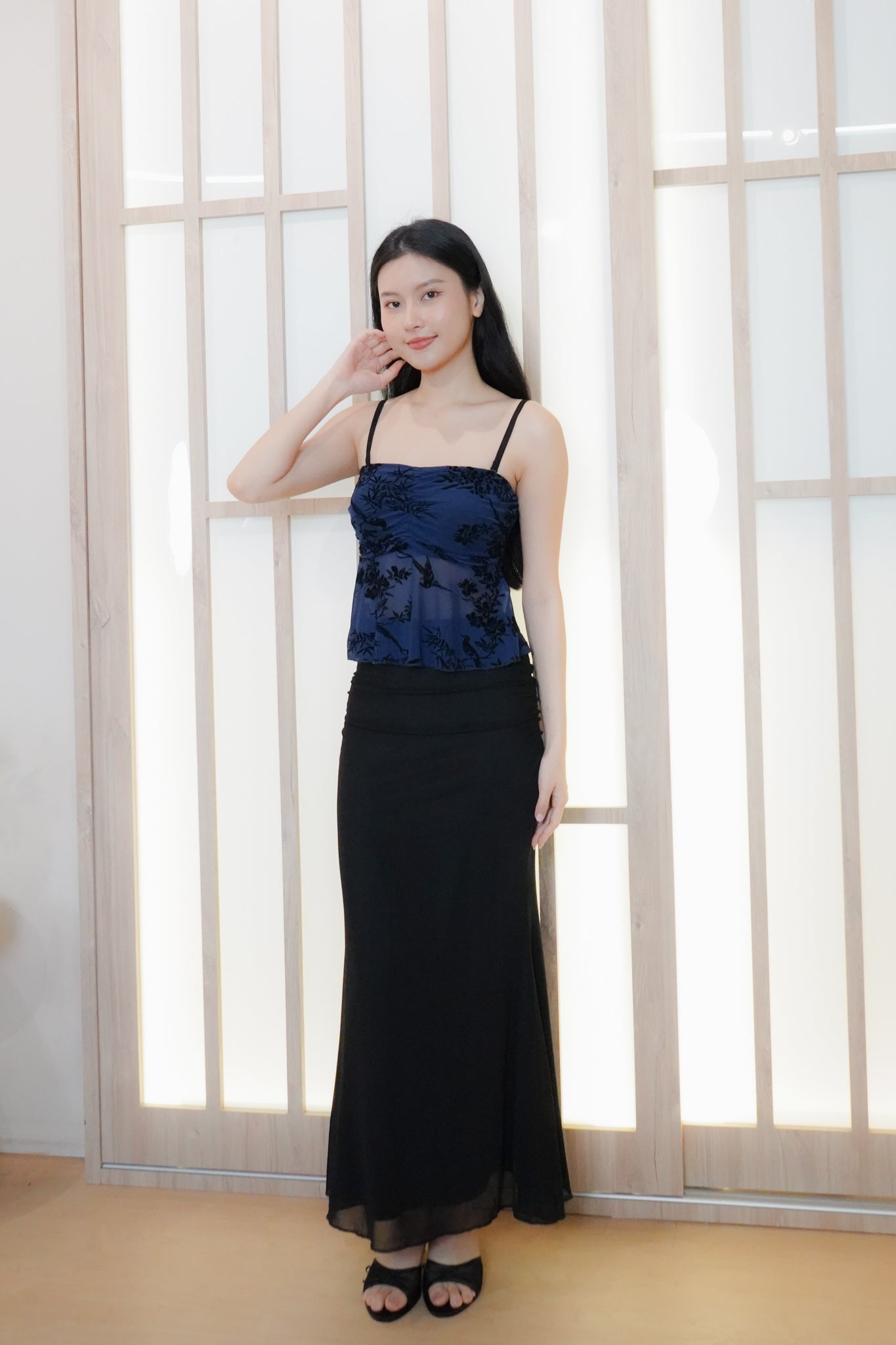 Jia Mesh Floral Top (with removable straps) (Navy)