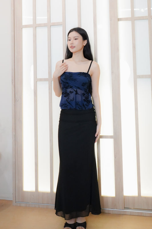 Jia Mesh Floral Top (with removable straps) (Navy)