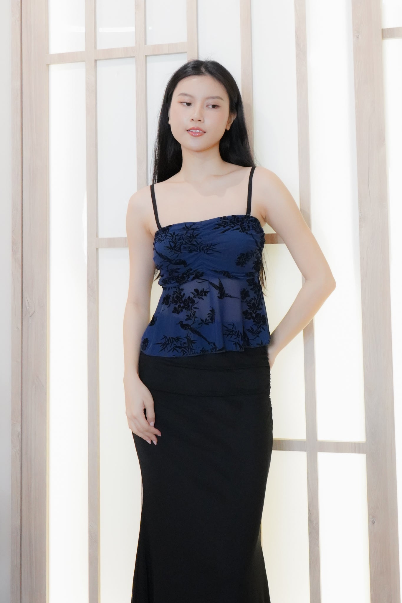 Jia Mesh Floral Top (with removable straps) (Navy)