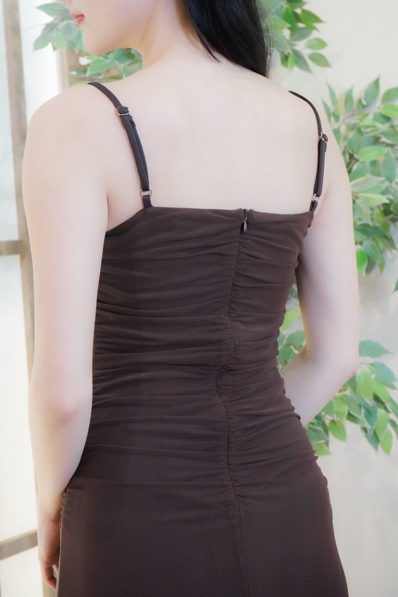 Jing Ruched Mesh Maxi Dress (Brown)