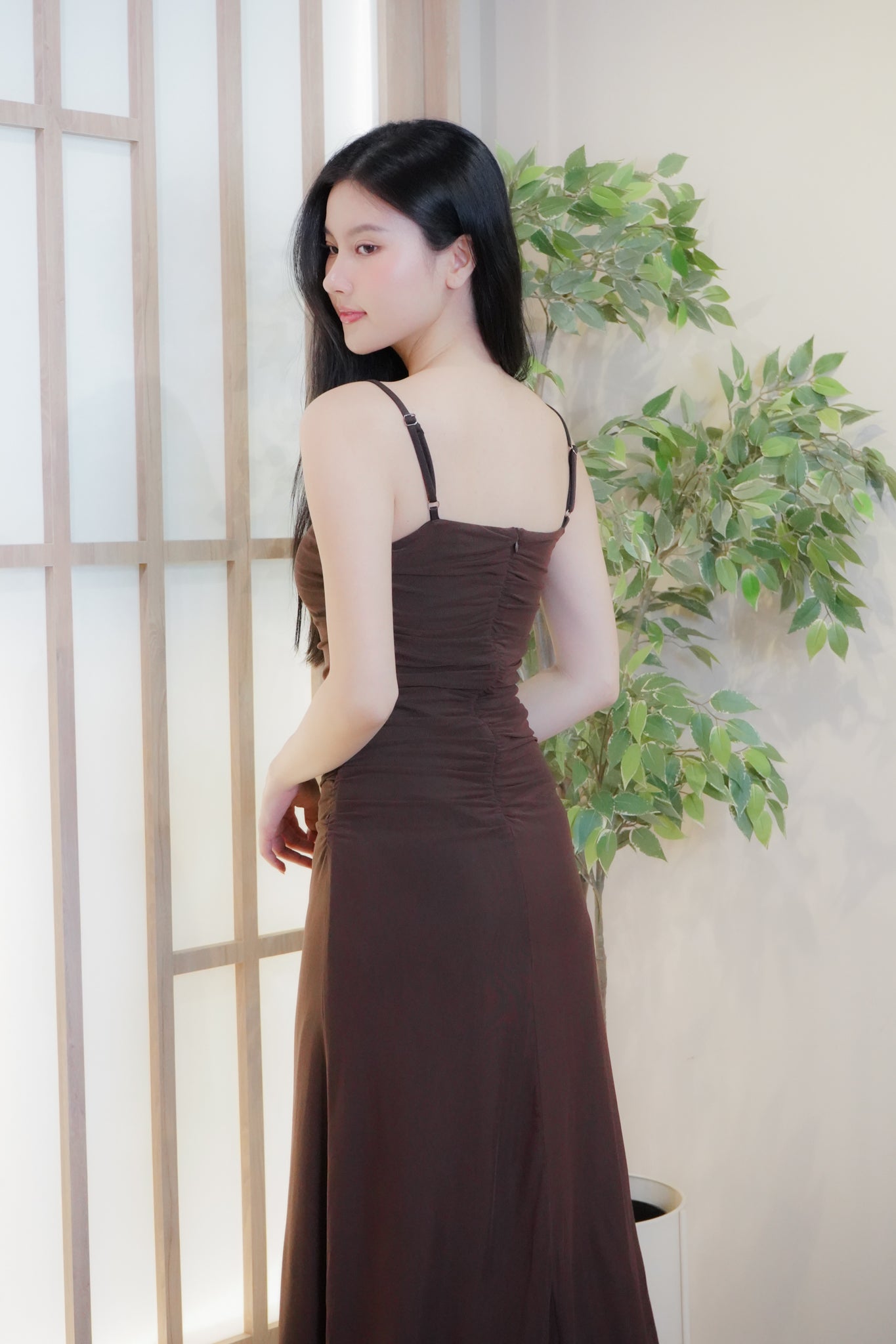 Jing Ruched Mesh Maxi Dress (Brown)