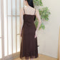 Jing Ruched Mesh Maxi Dress (Brown)