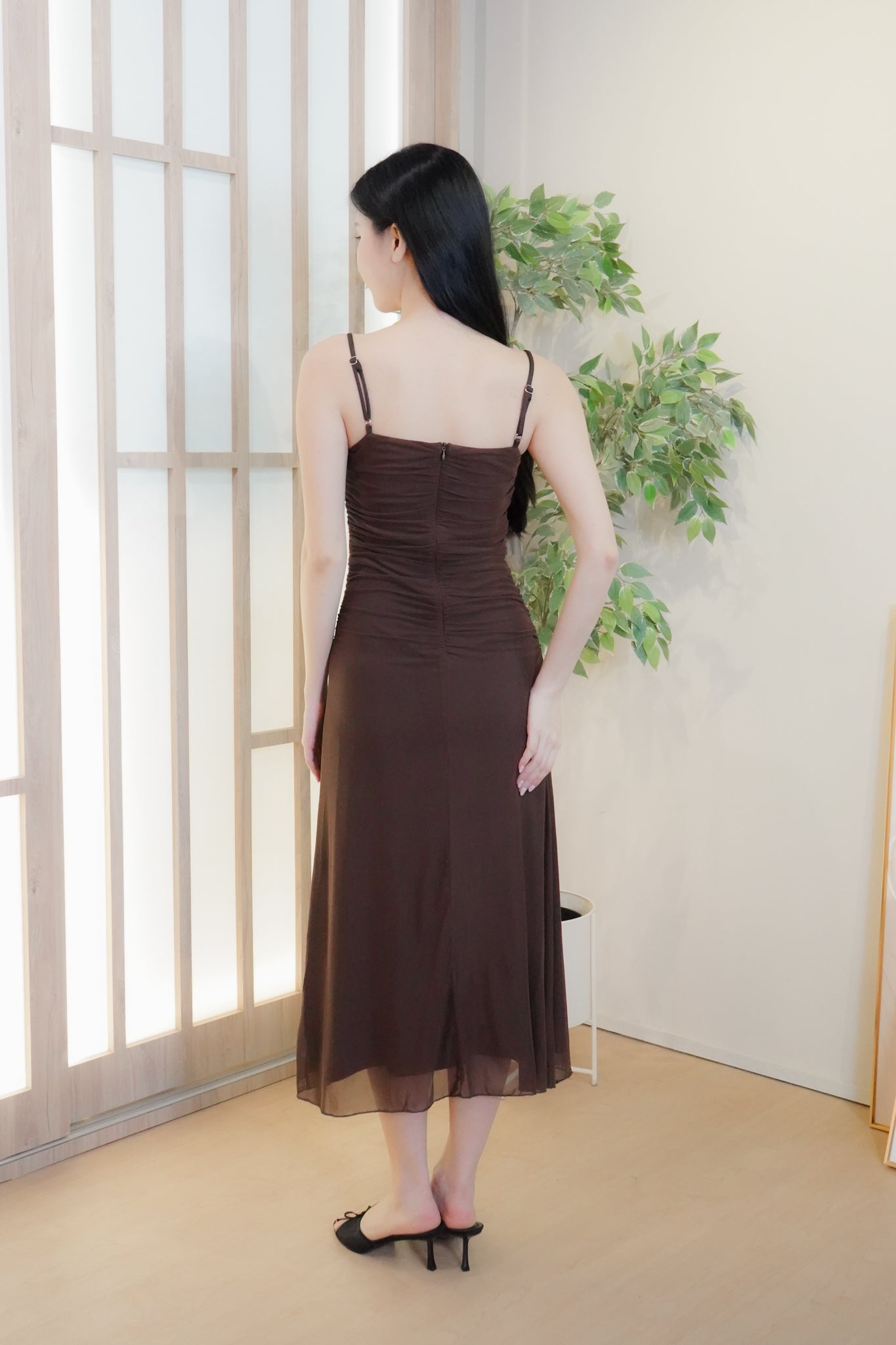 Jing Ruched Mesh Maxi Dress (Brown)