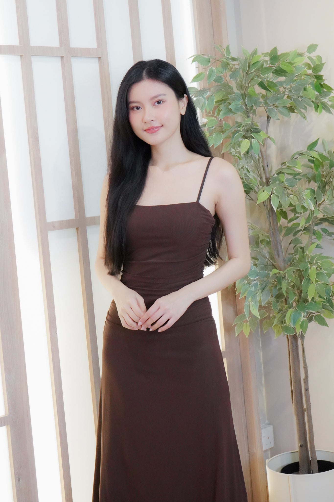 Jing Ruched Mesh Maxi Dress (Brown)