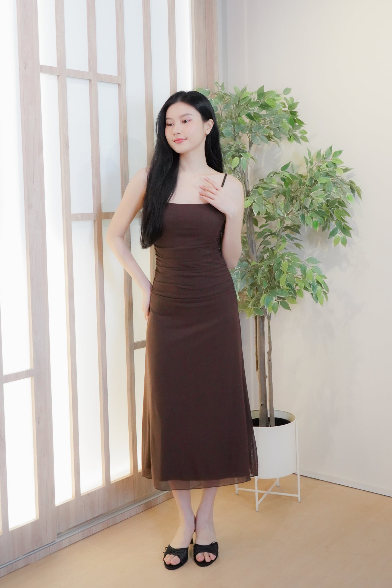 Jing Ruched Mesh Maxi Dress (Brown)
