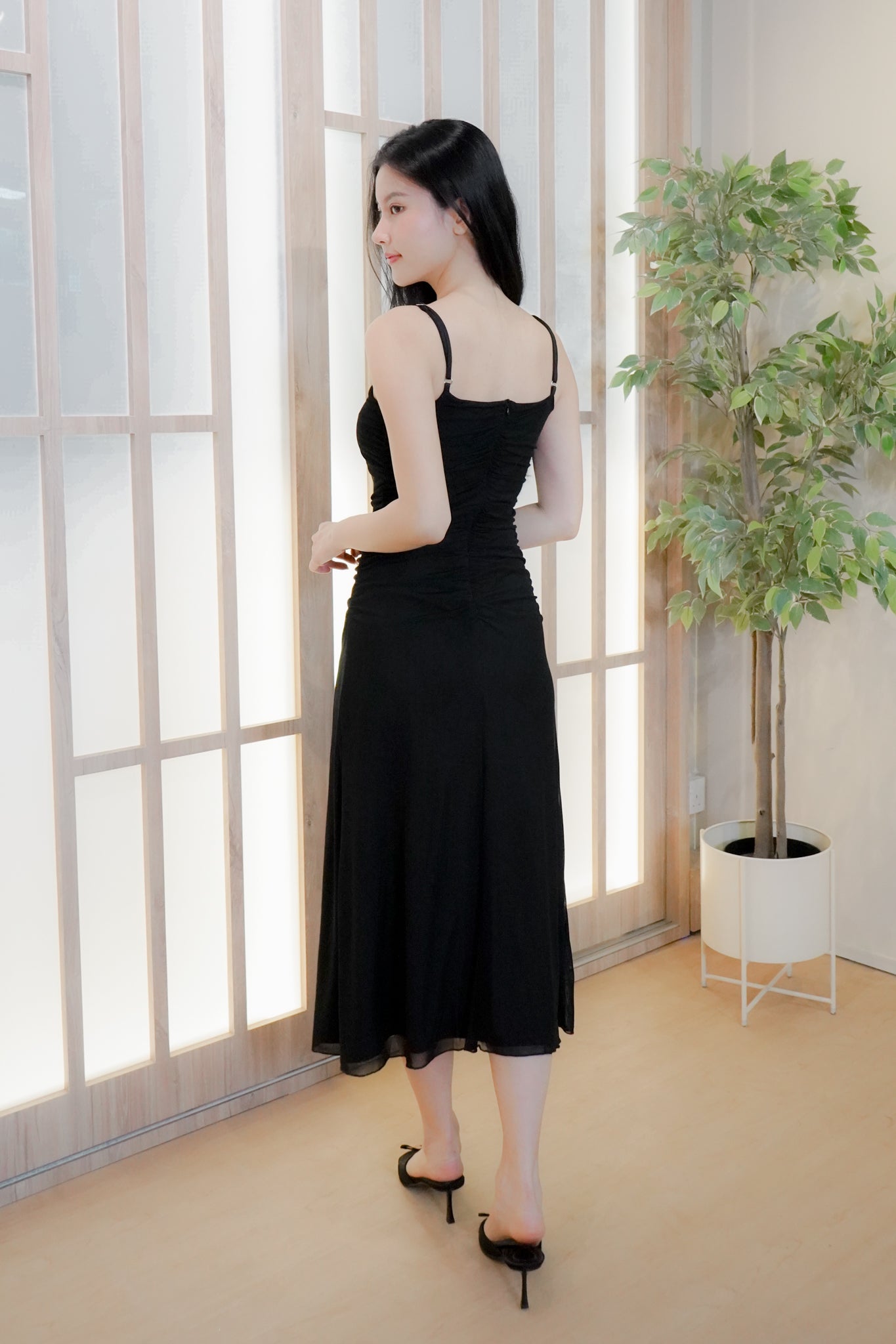 Jing Ruched Mesh Maxi Dress (Black)