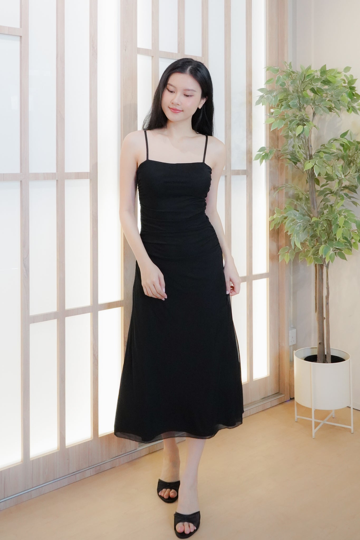 Jing Ruched Mesh Maxi Dress (Black)