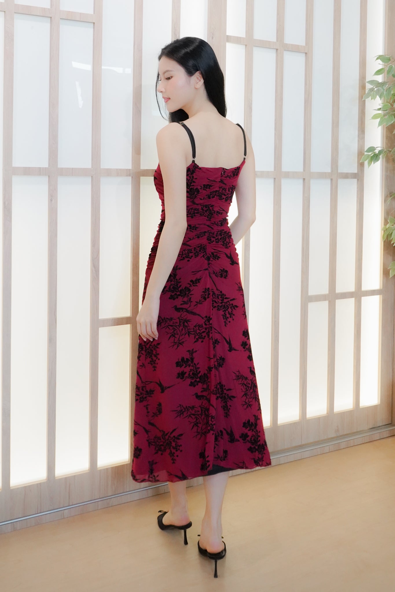 Jing Ruched Mesh Maxi Dress (Red floral)