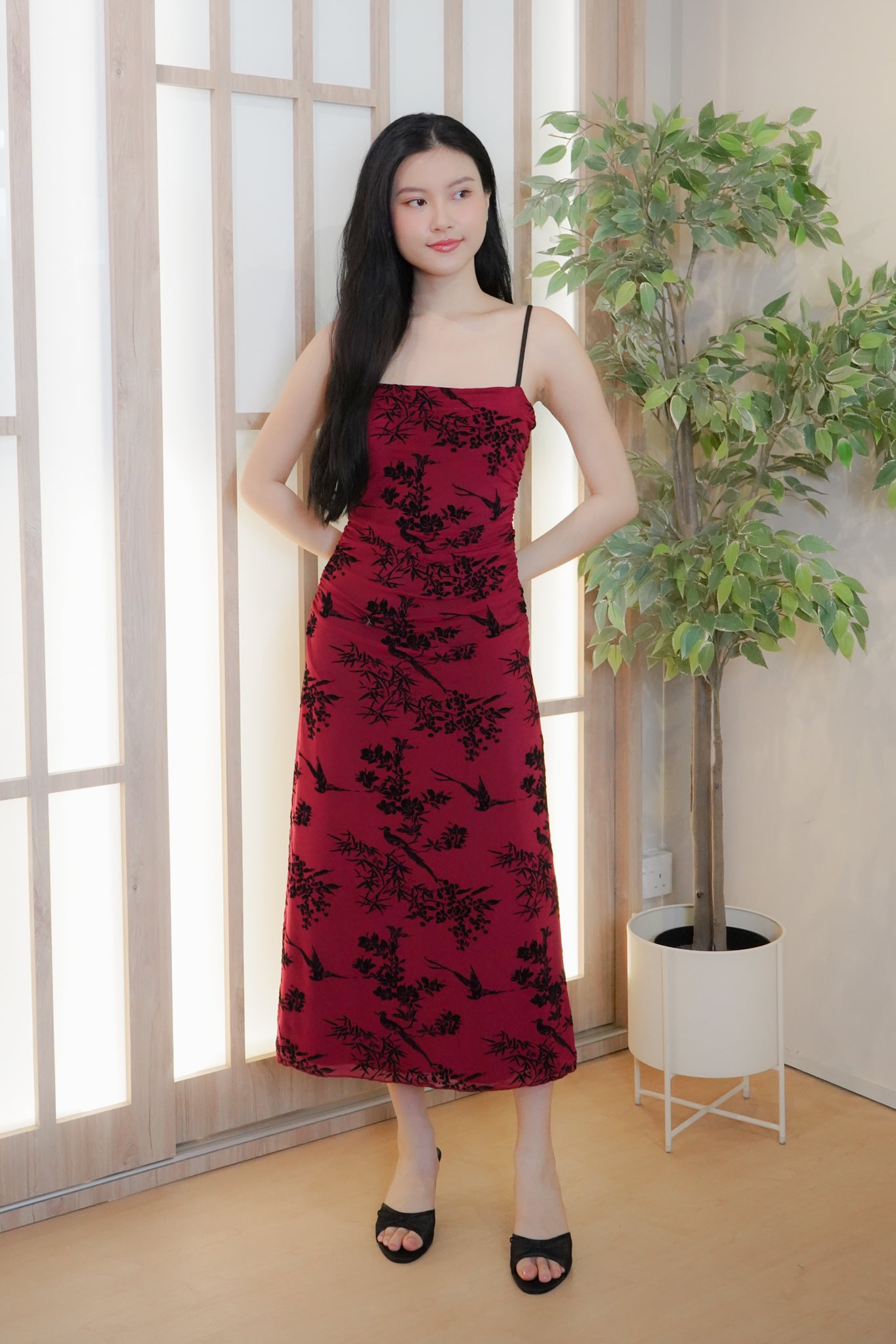 Jing Ruched Mesh Maxi Dress (Red floral)