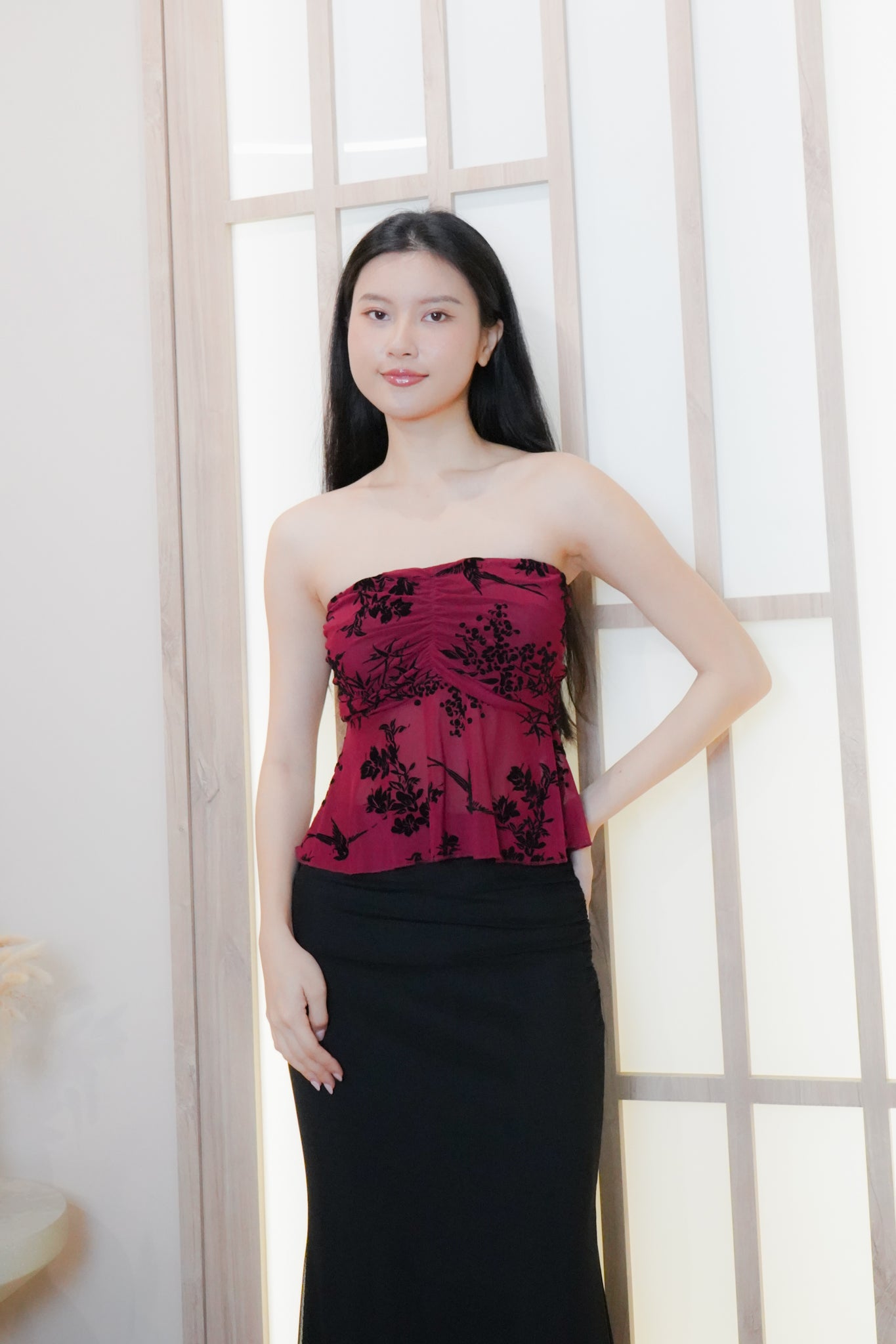 Jia Mesh Floral Top (with removable straps) (Red)