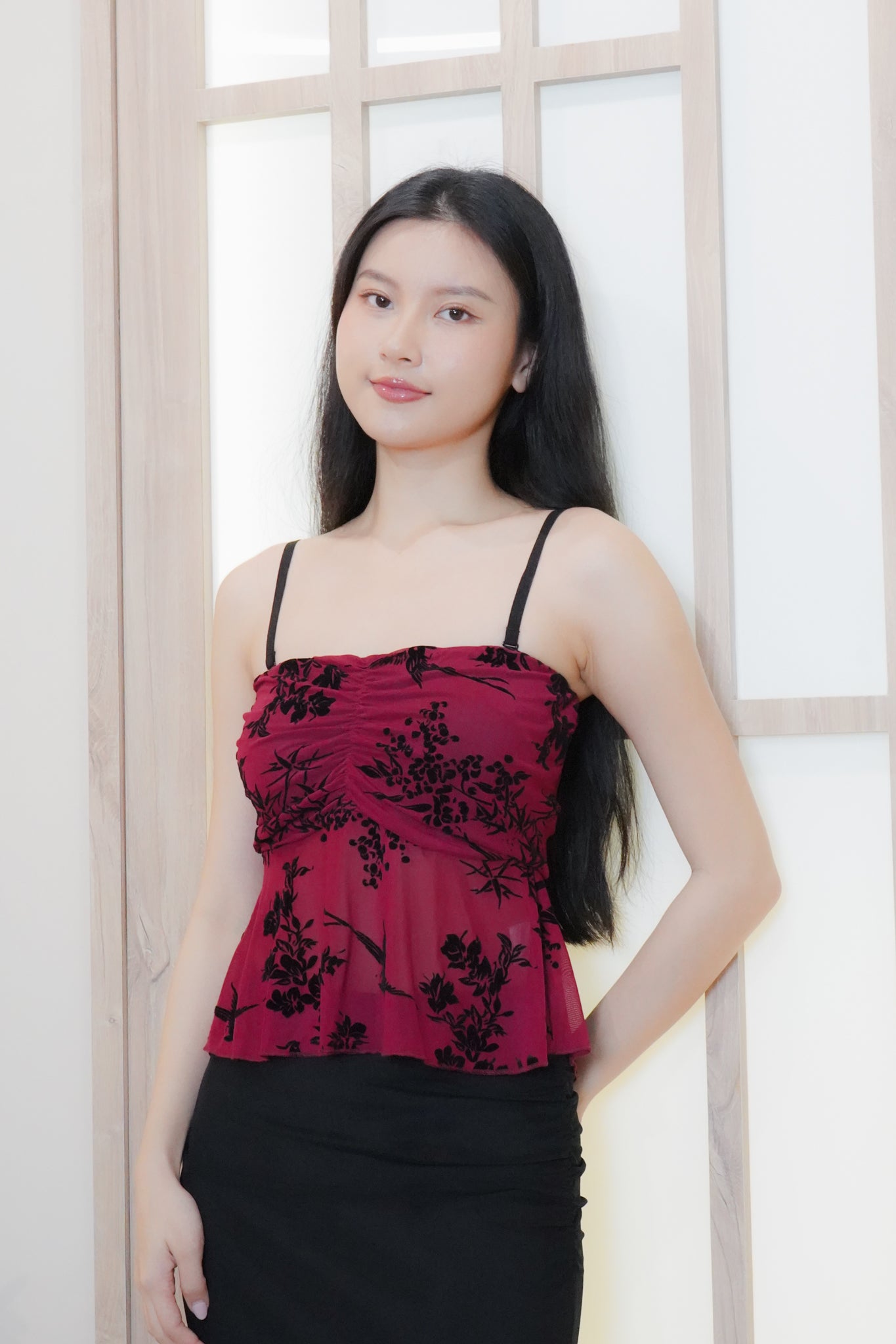 Jia Mesh Floral Top (with removable straps) (Red)